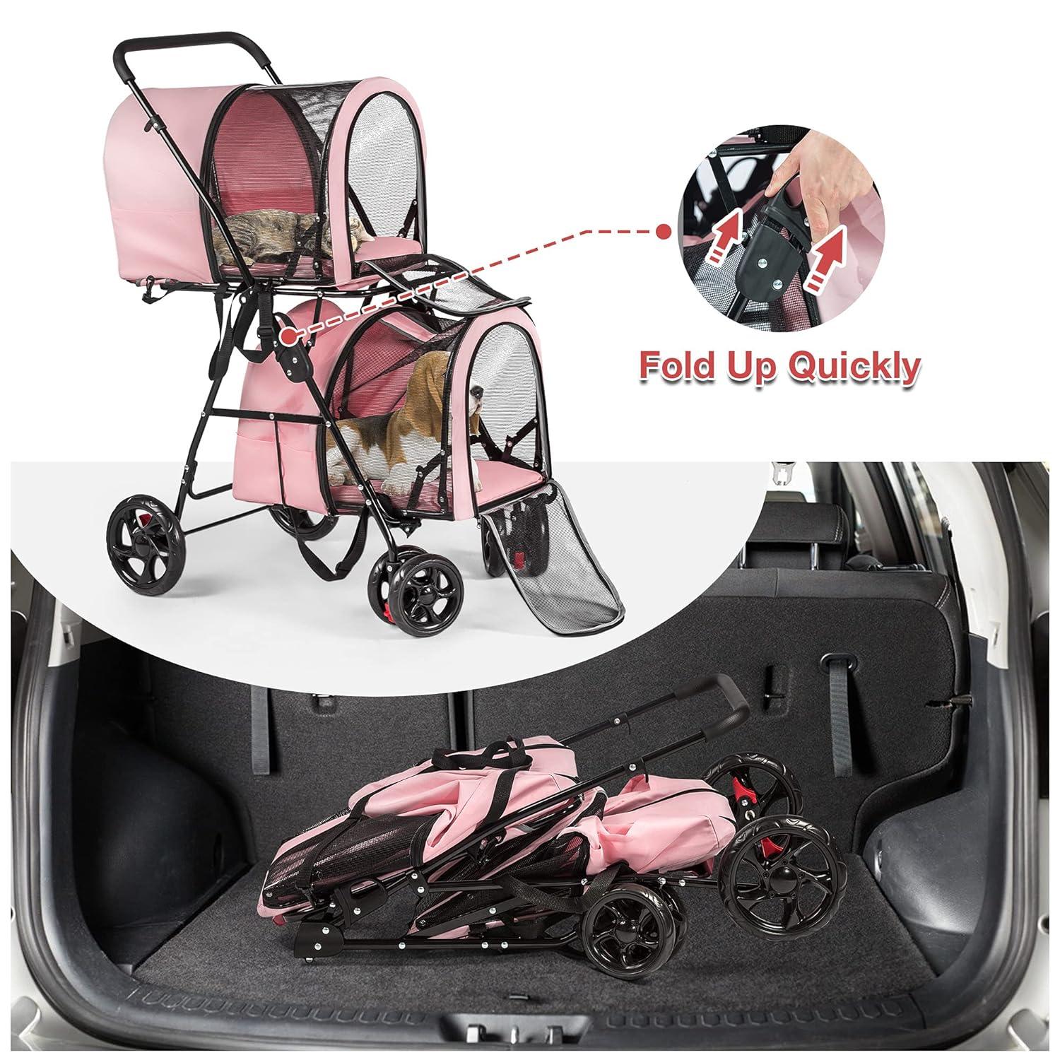 LUCKYERMORE 3-in-1 Double Seater Folding Dog Pet Stroller Kitten Puppy Carriages Detachable Carrier Bags, Pink