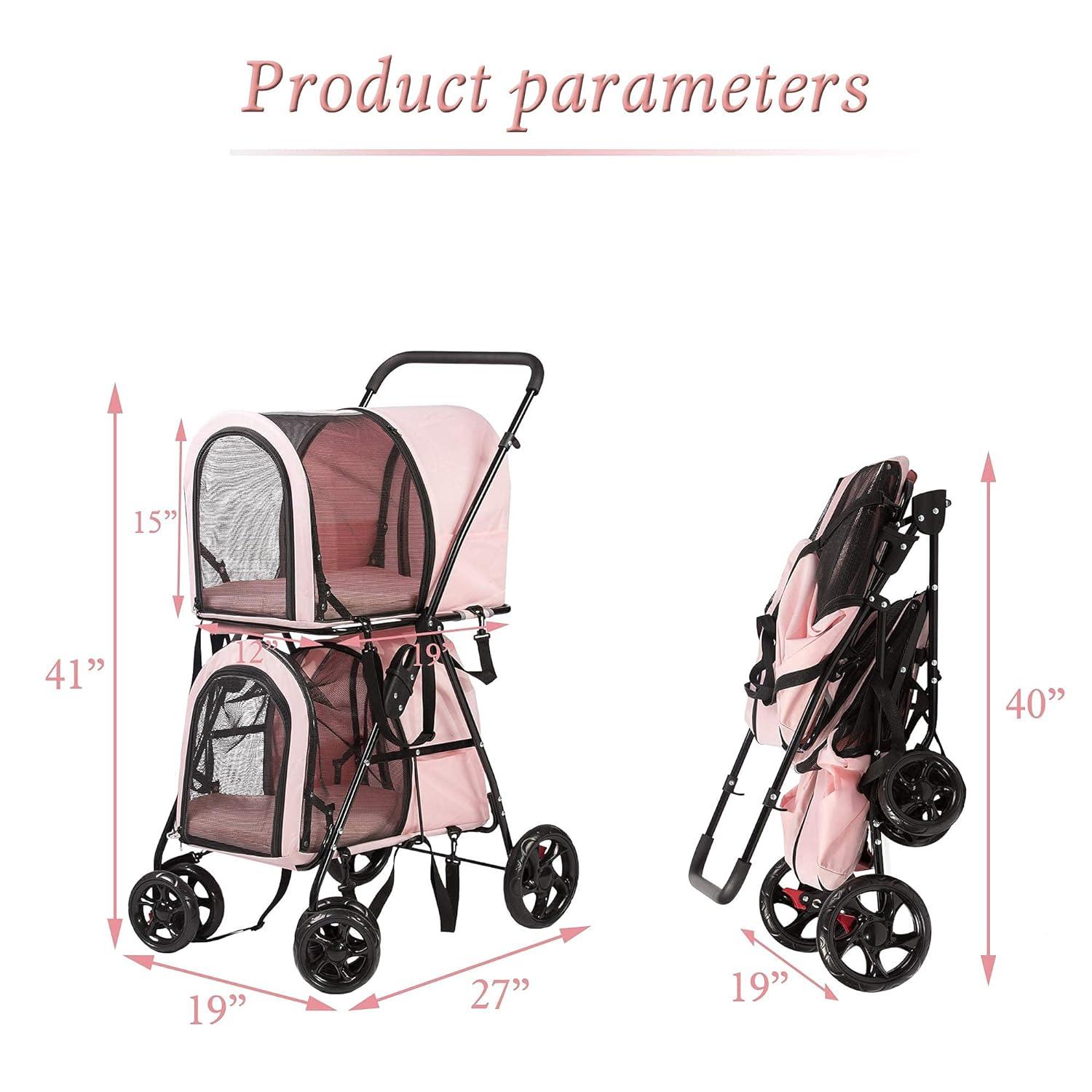 LUCKYERMORE 3-in-1 Double Seater Folding Dog Pet Stroller Kitten Puppy Carriages Detachable Carrier Bags, Pink