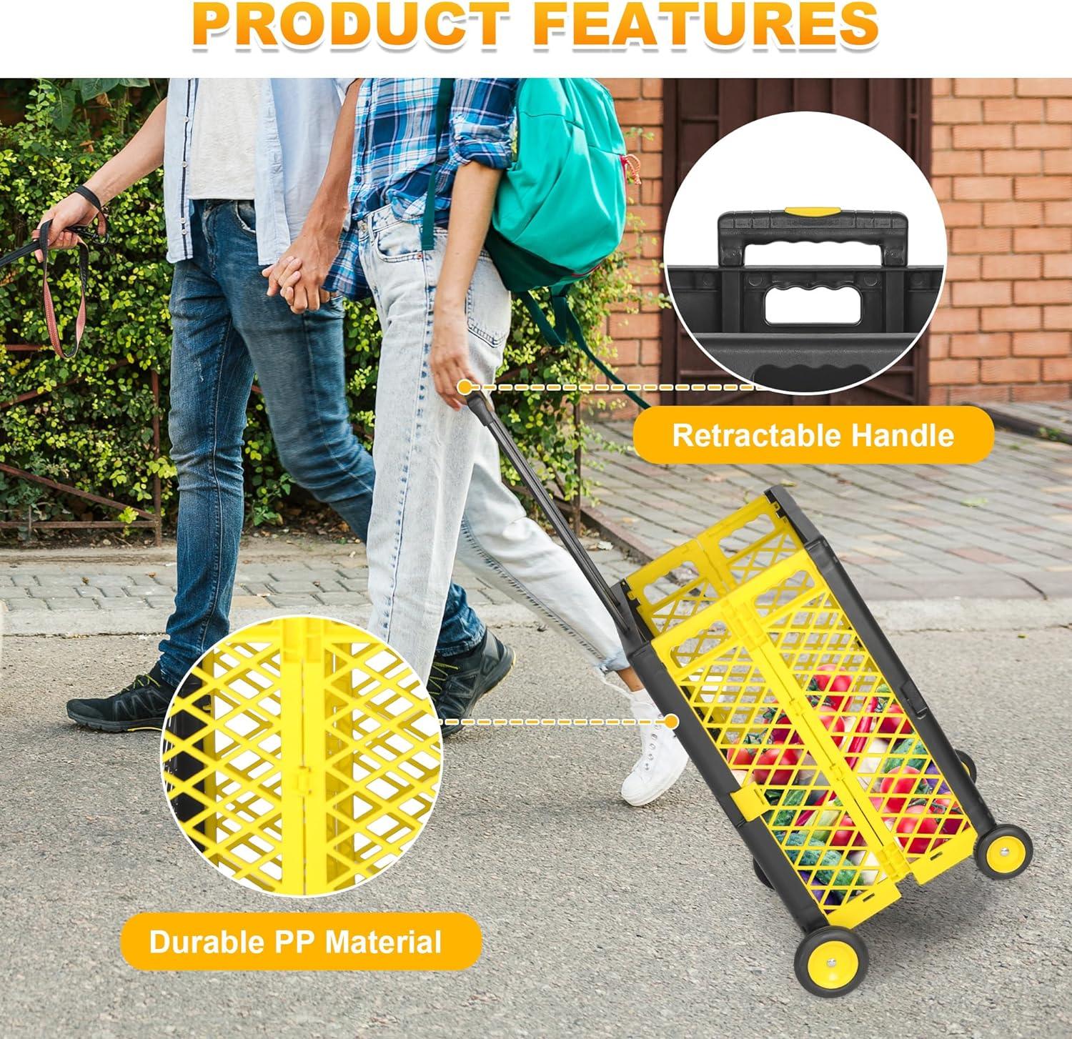 LUCKYERMORE Portable Shopping Cart Foldable Utility Rolling Crate Rolling Cart with Wheels, 55lb Weight Capacity