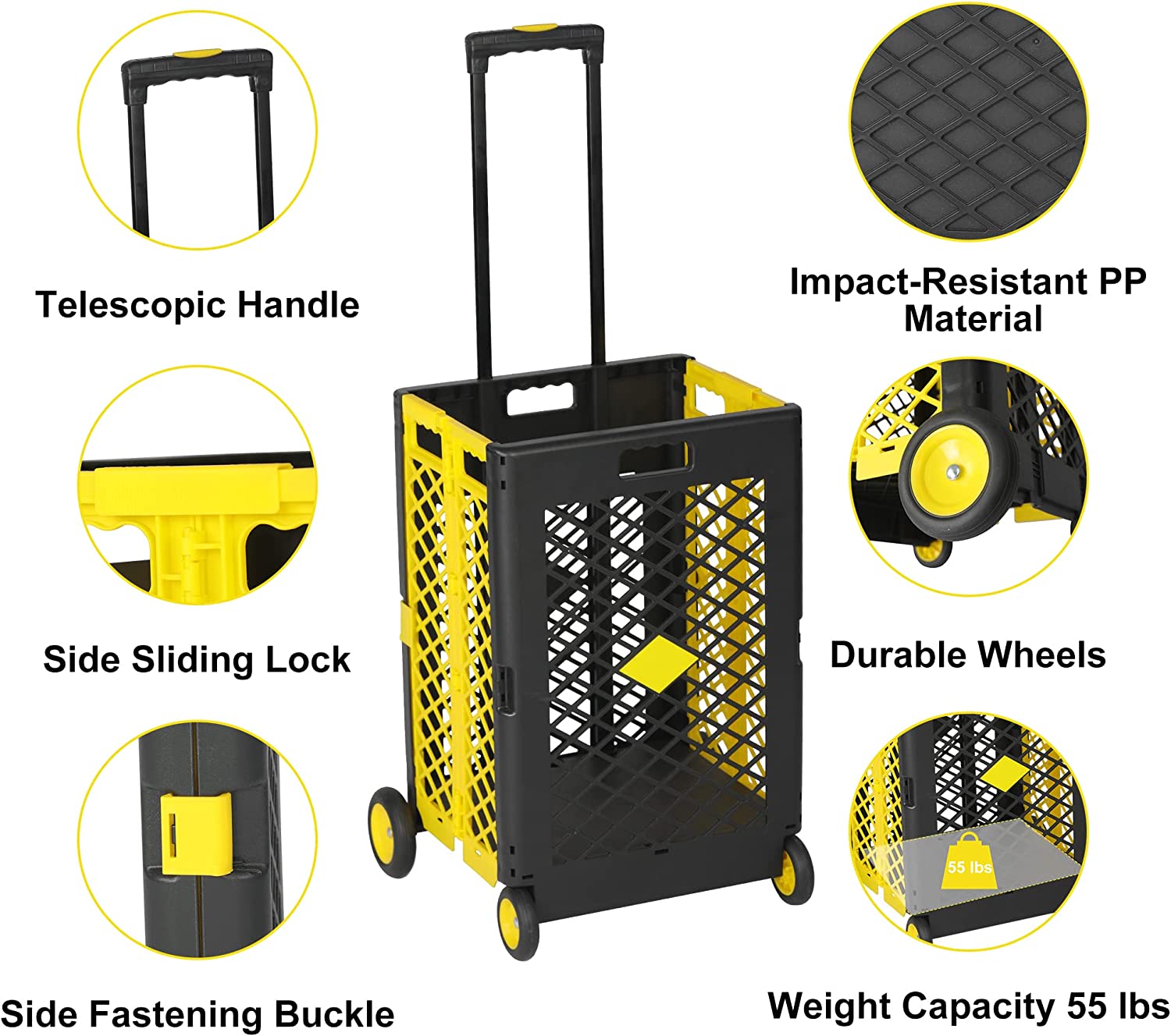 LUCKYERMORE Portable Shopping Cart Foldable Utility Rolling Crate Rolling Cart with Wheels, 55lb Weight Capacity