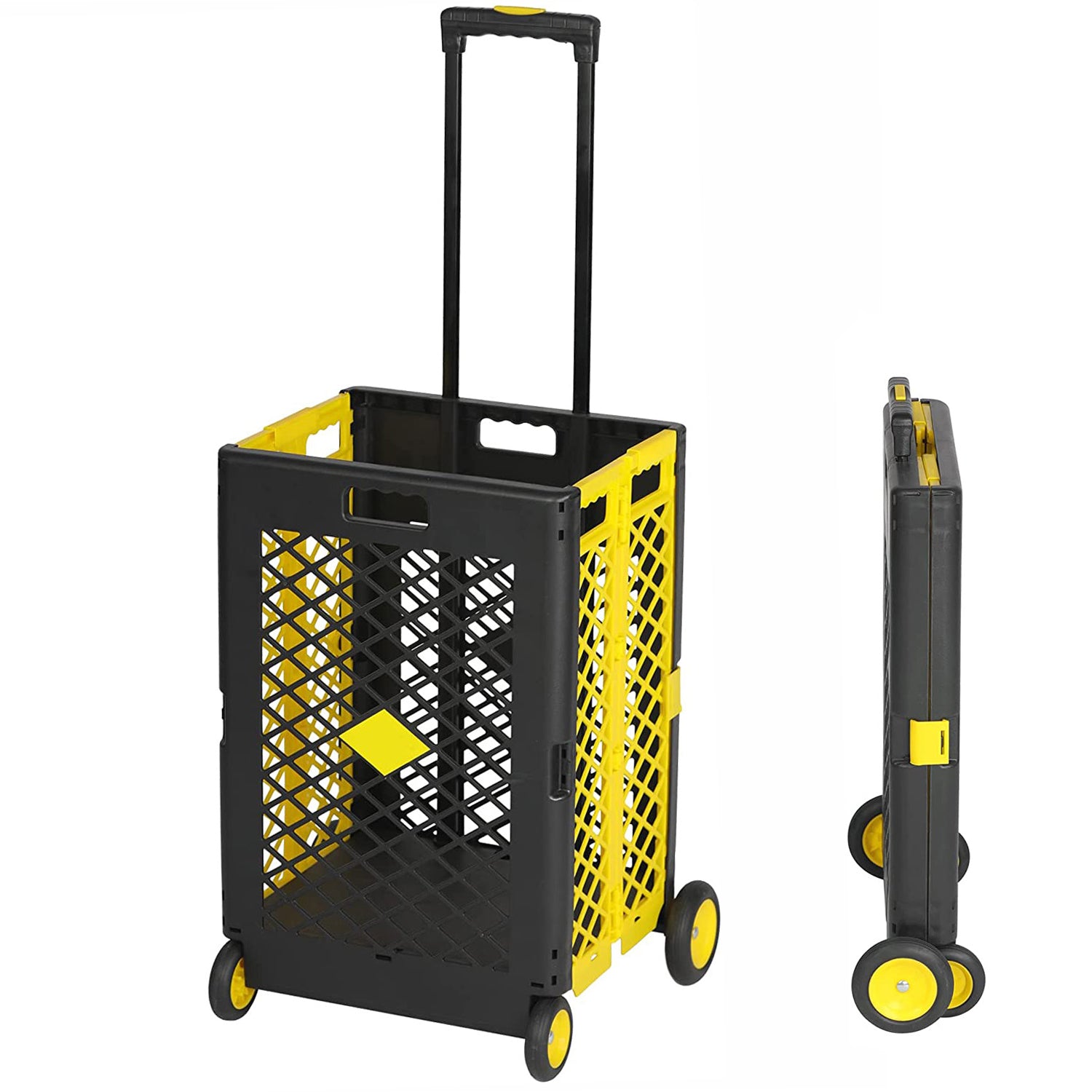 55L Folding Utility Shopping Cart with Wheels Telescopic Handle Collapsible Rolling Crate, Yellow