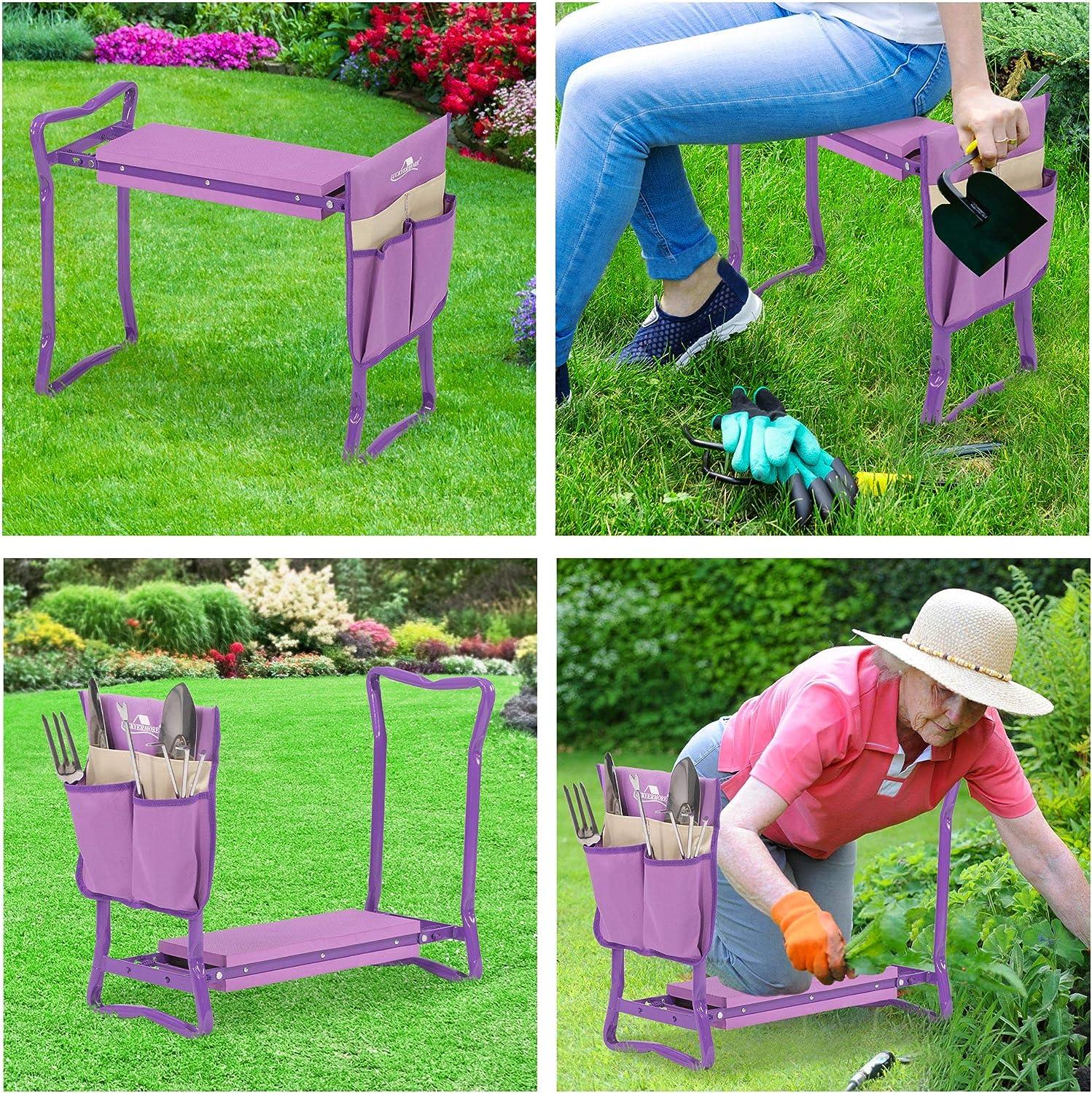 LUCKYERMORE Garden Kneeler Seat Folding Kneeling Bench Stool with Tool Pouches Soft Foam, Purple