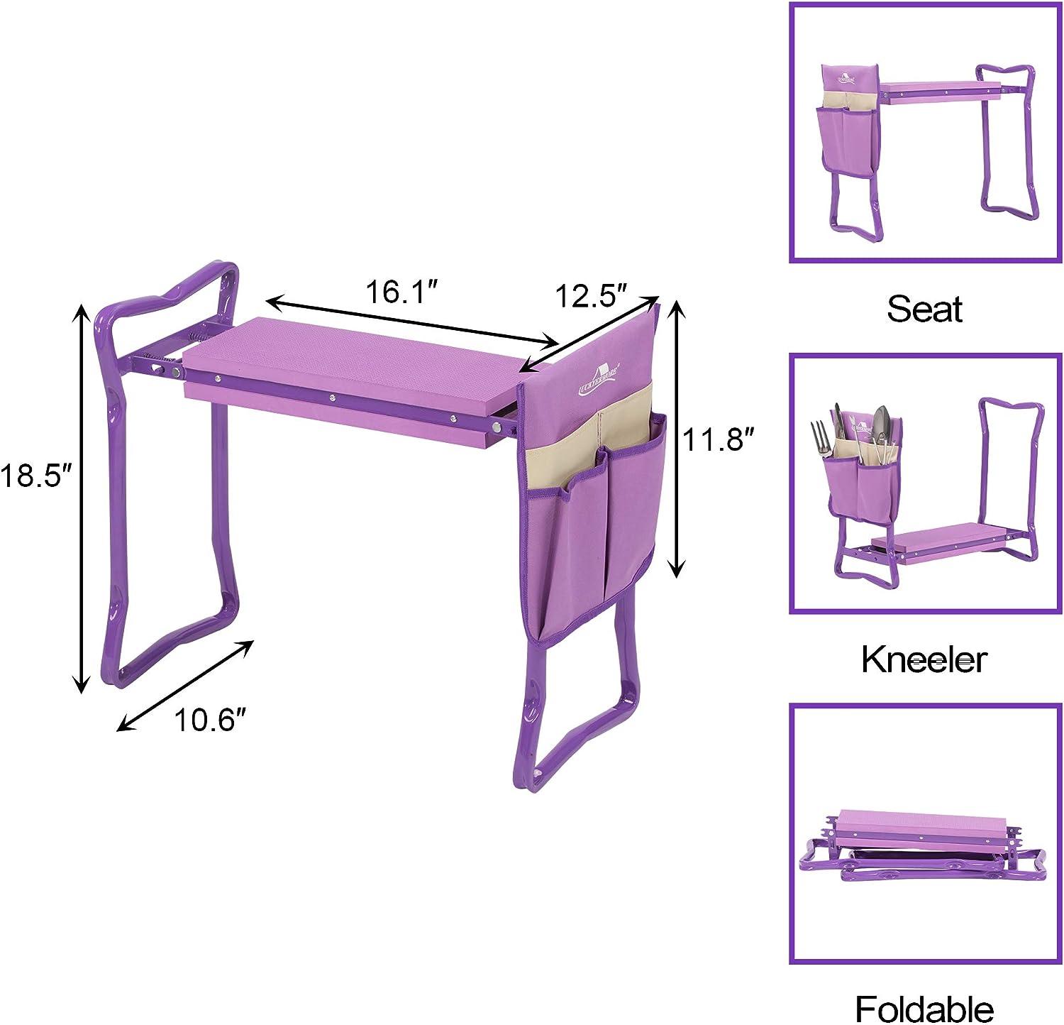 LUCKYERMORE Garden Kneeler Seat Folding Kneeling Bench Stool with Tool Pouches Soft Foam, Purple