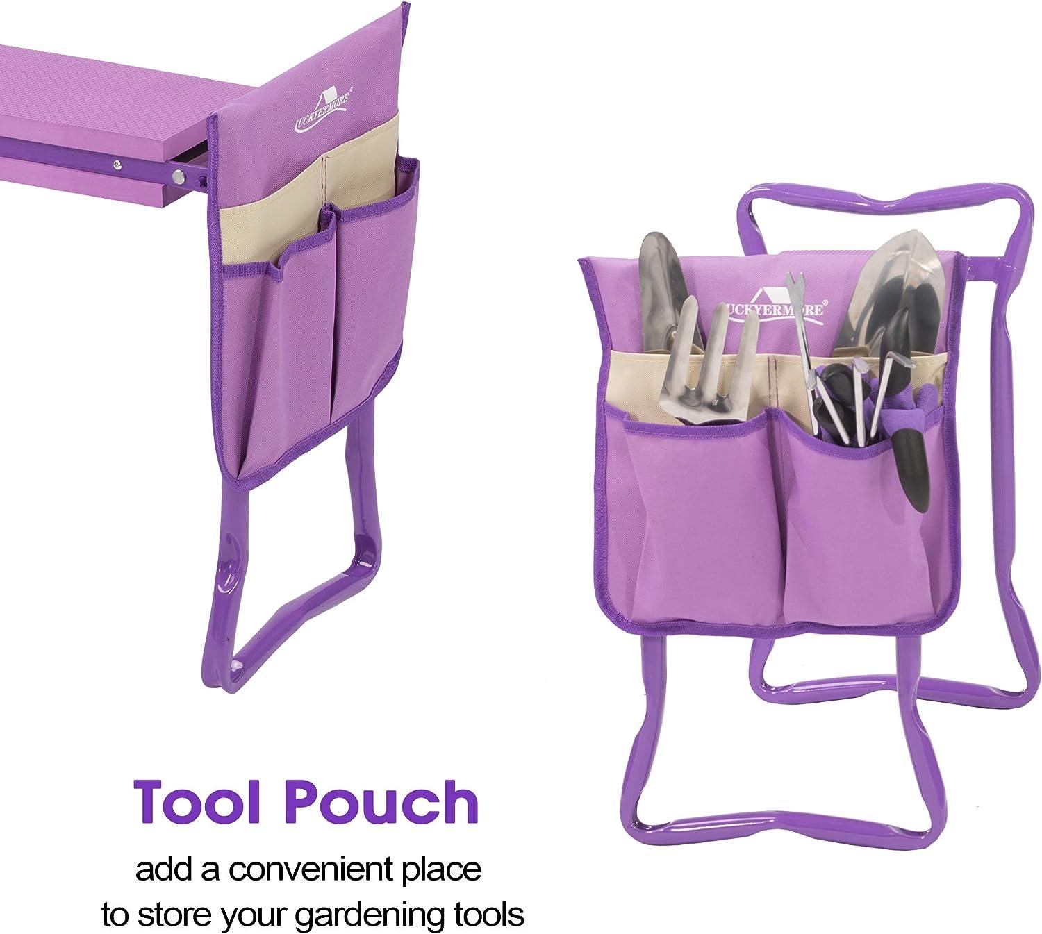LUCKYERMORE Garden Kneeler Seat Folding Kneeling Bench Stool with Tool Pouches Soft Foam, Purple