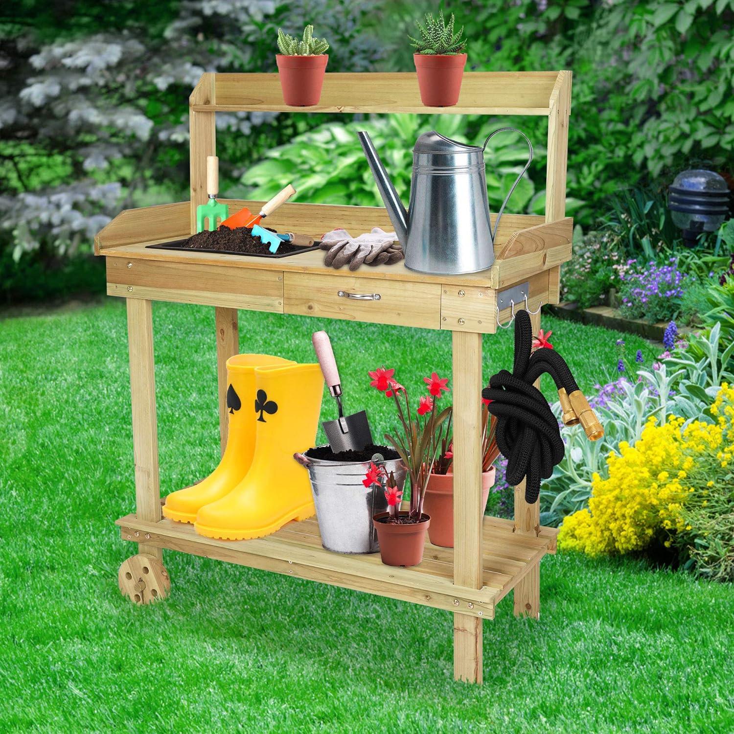 Potting Bench Table Wooden Gardening Plant Workstation Natural Solid Wood with Drawer Sink Hook Open Shelf - Luckyermore
