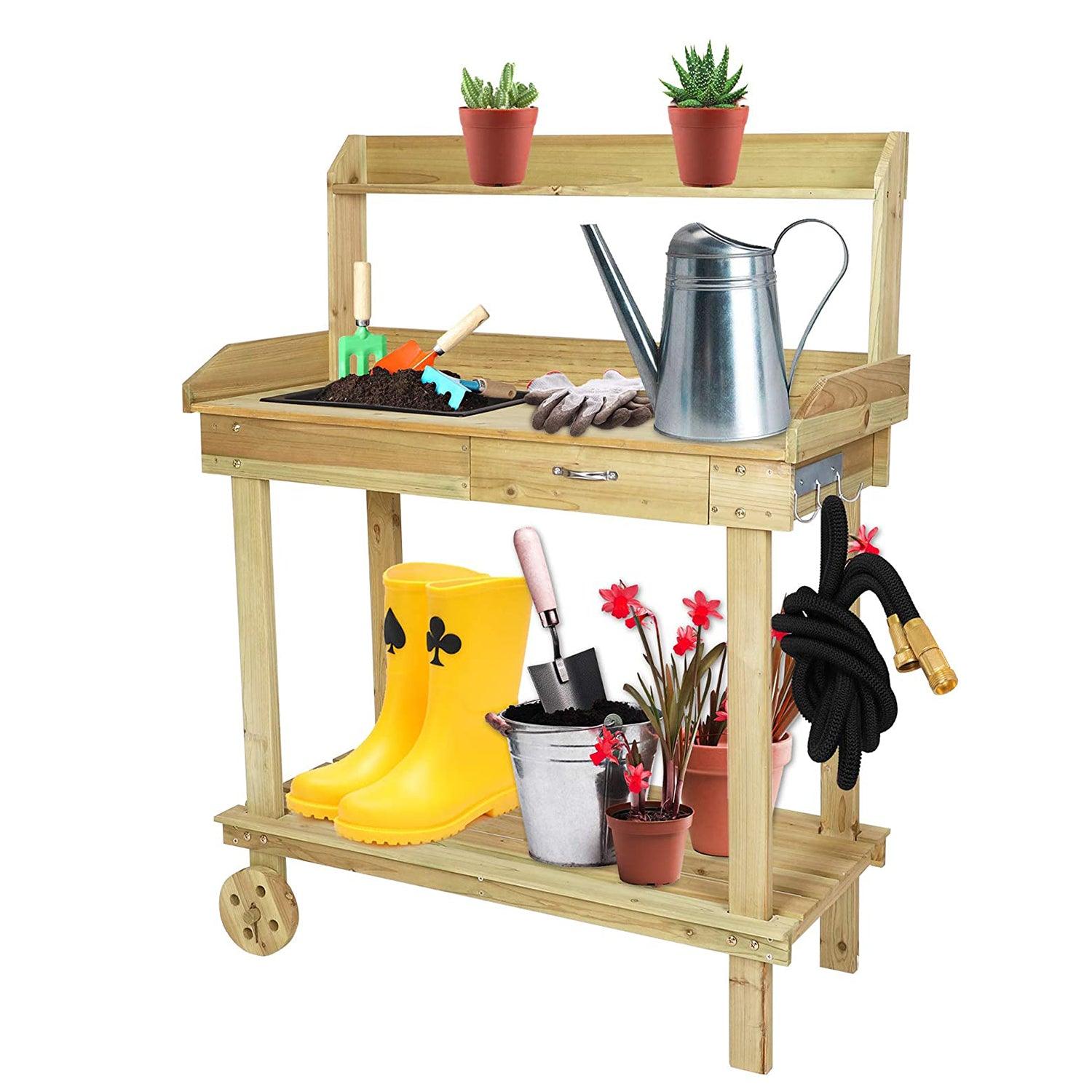 Potting Bench Table Wooden Gardening Plant Workstation Natural Solid Wood with Drawer Sink Hook Open Shelf