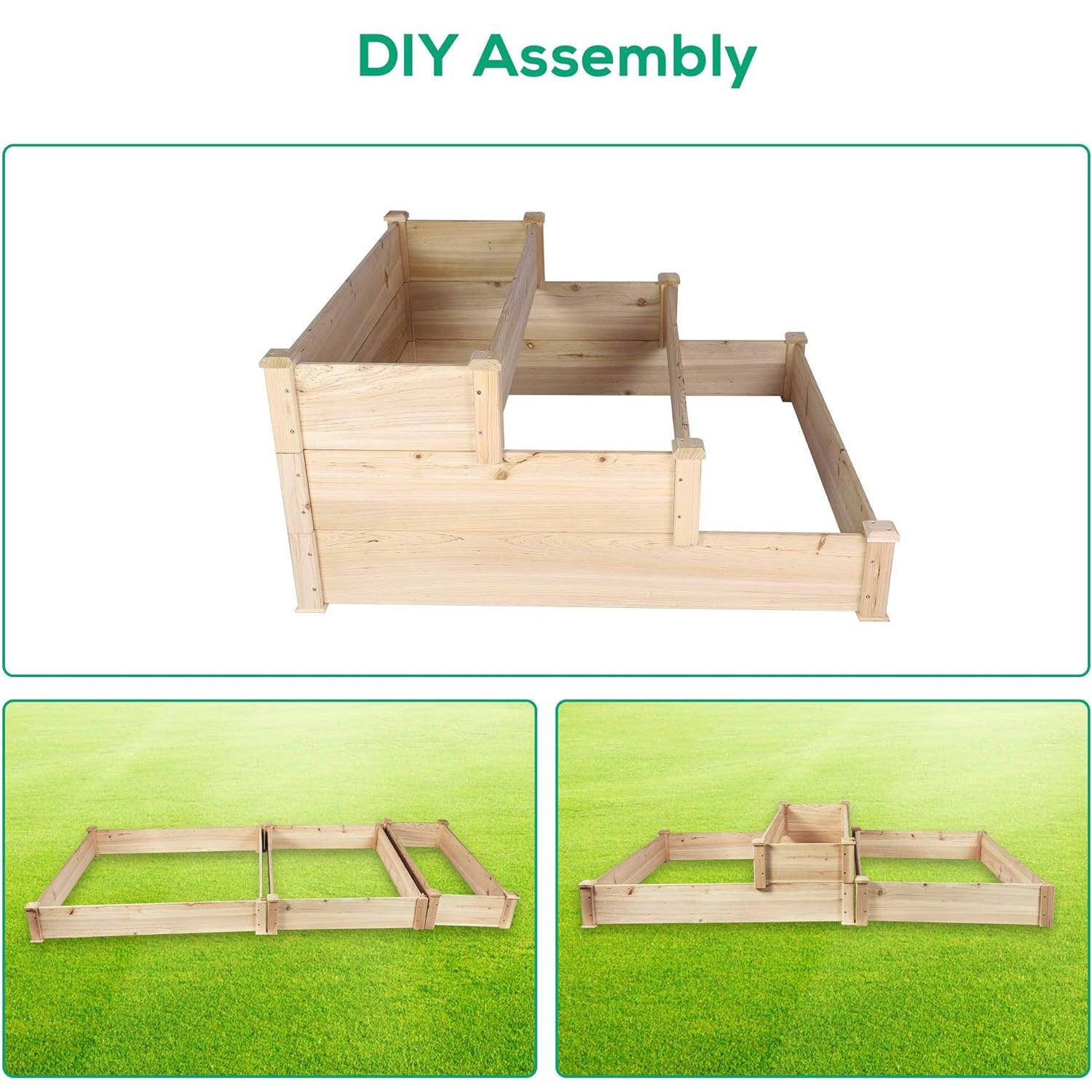 3 Tier Raised Garden Bed Outdoor Wooden Elevated Planter Box Solid Fir Wood for Planting Flower Vegetable Fruit - Luckyermore