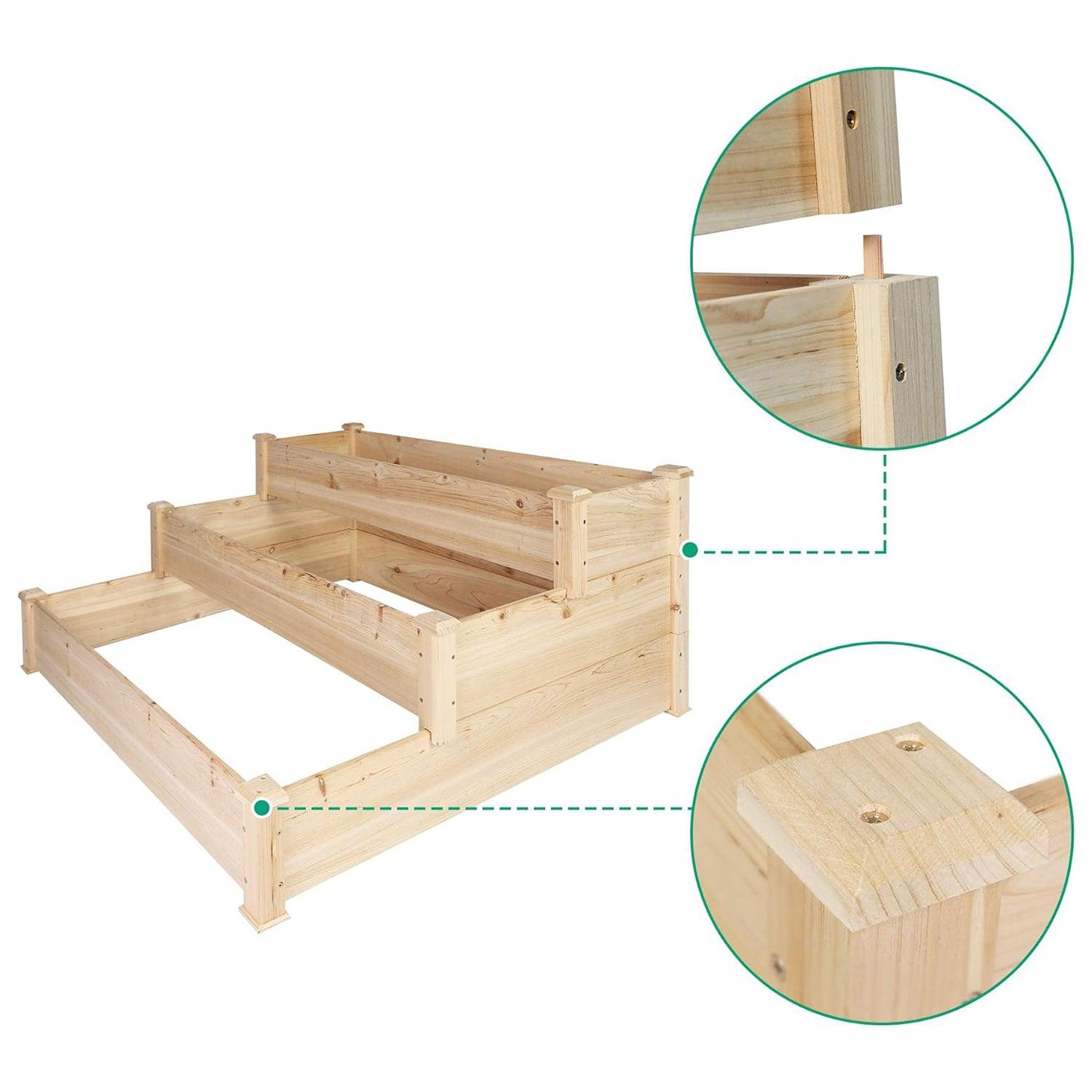 3 Tier Raised Garden Bed Outdoor Wooden Elevated Planter Box Solid Fir Wood for Planting Flower Vegetable Fruit - Luckyermore