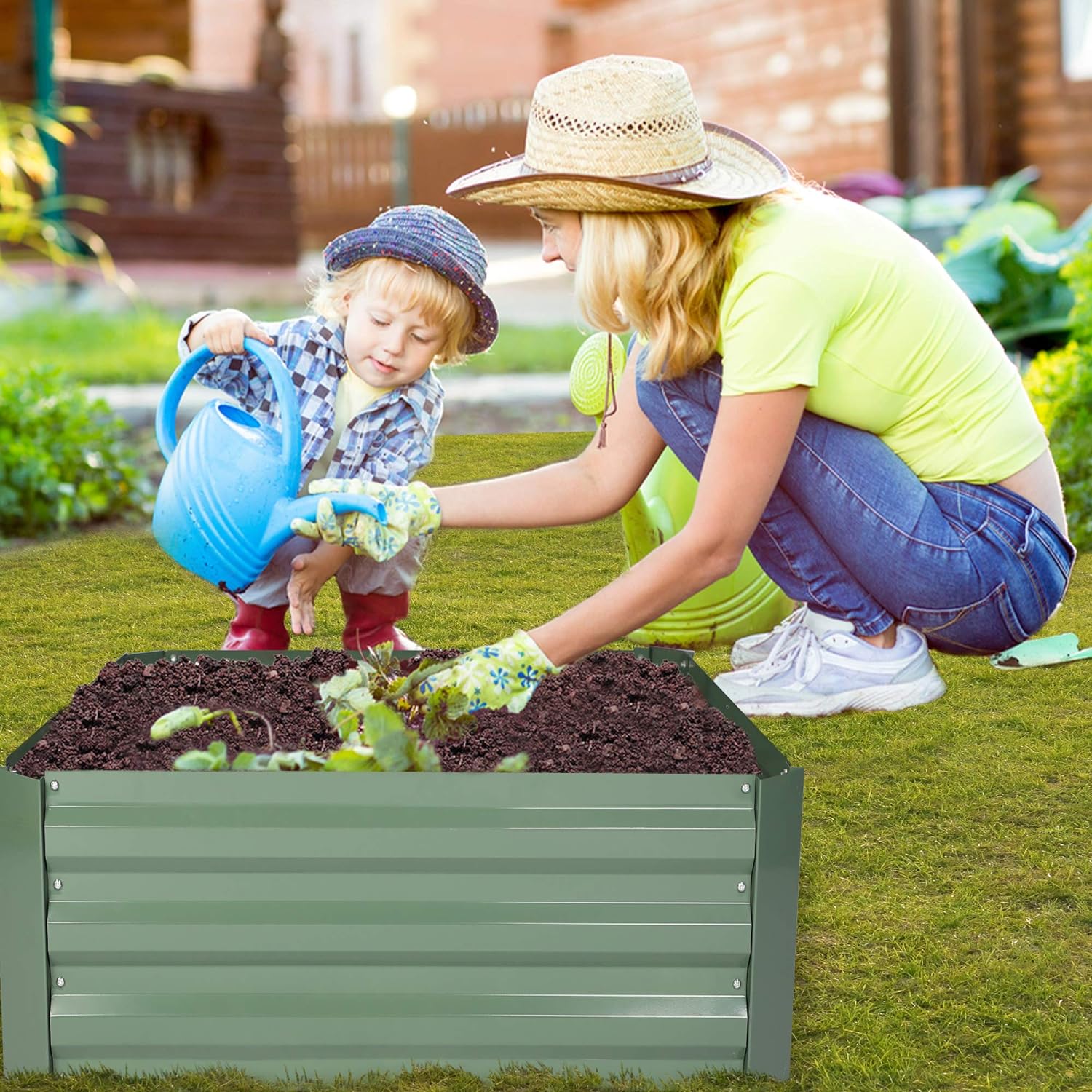 32"x32"x12" Raised Garden Bed Galvanized Planter Box Anti-Rust Coating Planting Vegetables Herbs and Flowers