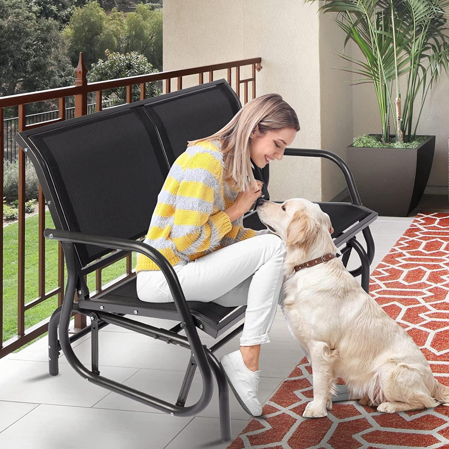 LUCKYERMORE Patio Glider Bench 2-Person Outdoor Textilene Swing Rocking Loveseat with Armrest