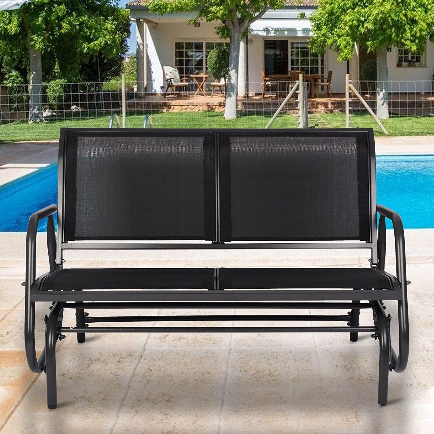 LUCKYERMORE Patio Glider Bench 2-Person Outdoor Textilene Swing Rocking Loveseat with Armrest