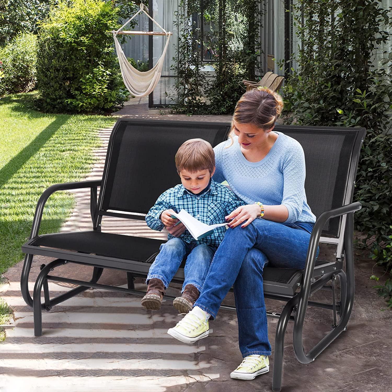 LUCKYERMORE Patio Glider Bench 2-Person Outdoor Textilene Swing Rocking Loveseat with Armrest
