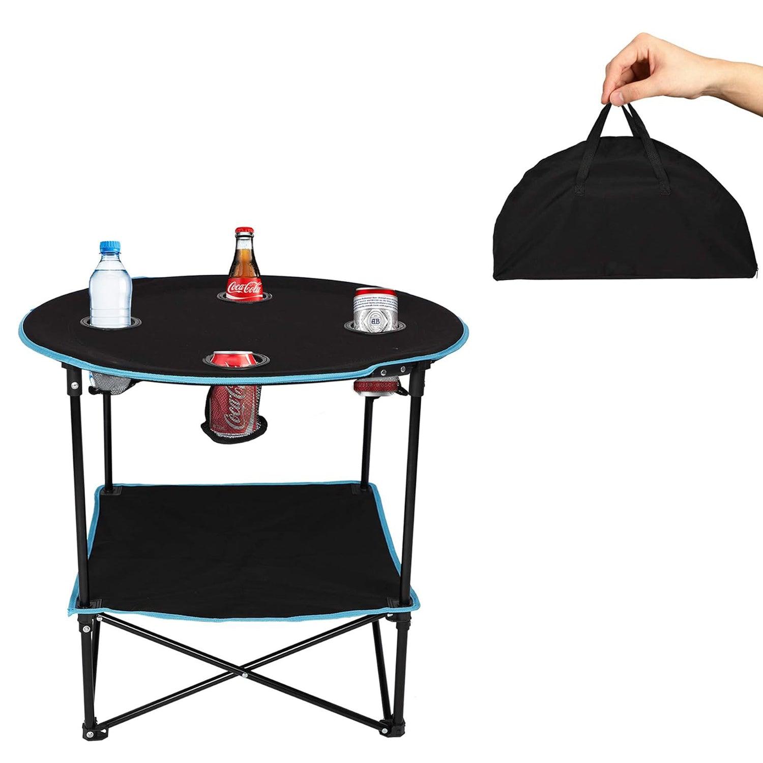 Round Outdoor Table Portable Small Folding Camping Table with Cup Holder and Carry Bag - Luckyermore