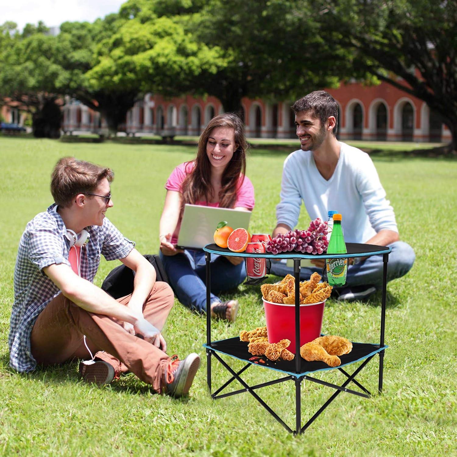 Round Outdoor Table Portable Small Folding Camping Table with Cup Holder and Carry Bag - Luckyermore