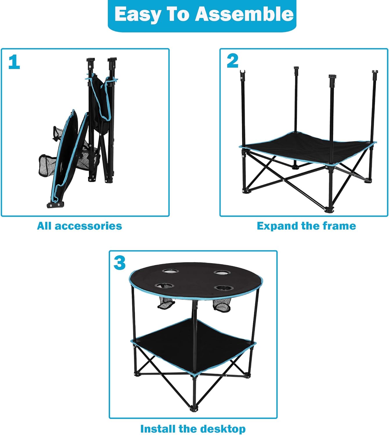 Round Outdoor Table Portable Small Folding Camping Table with Cup Holder and Carry Bag