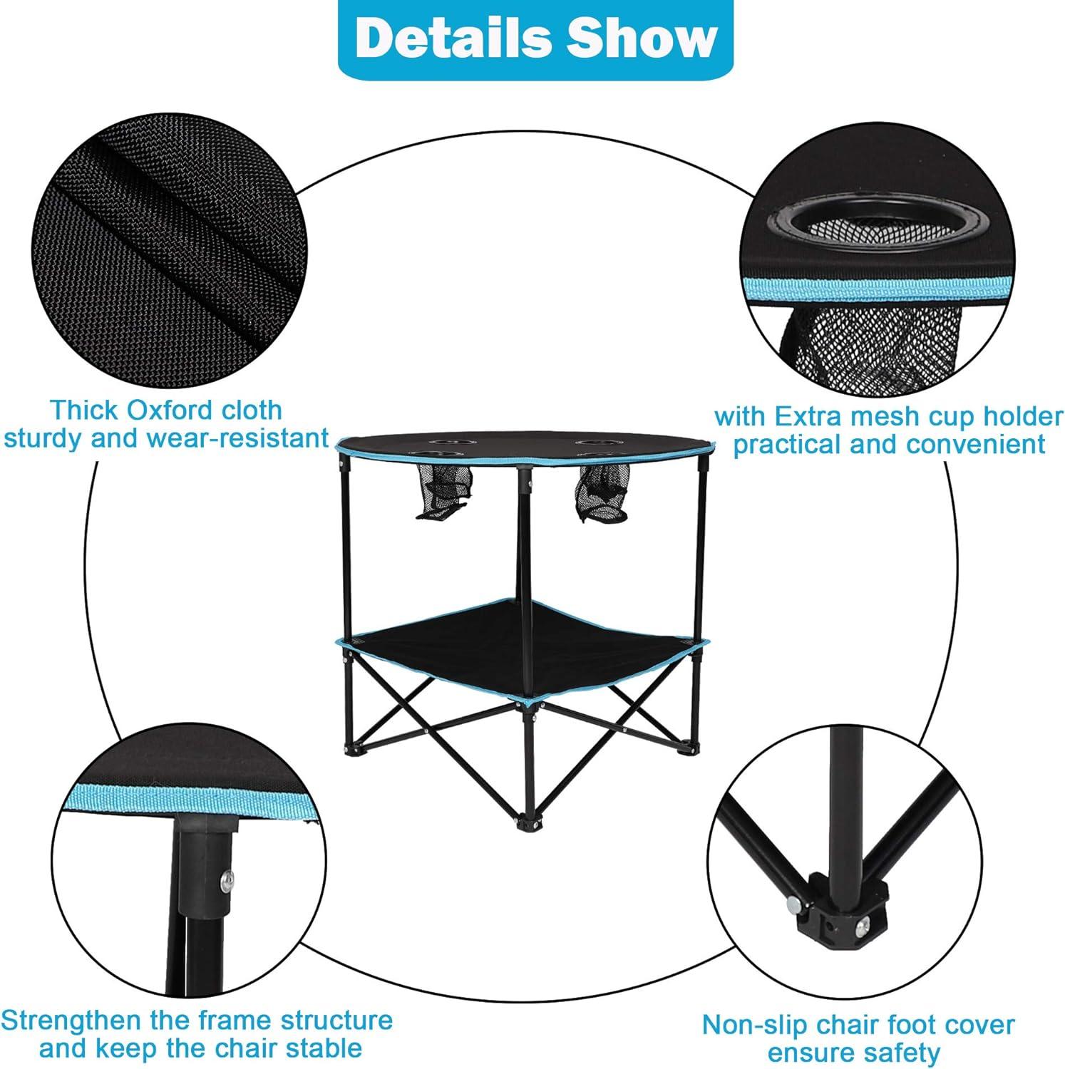 Round Outdoor Table Portable Small Folding Camping Table with Cup Holder and Carry Bag - Luckyermore