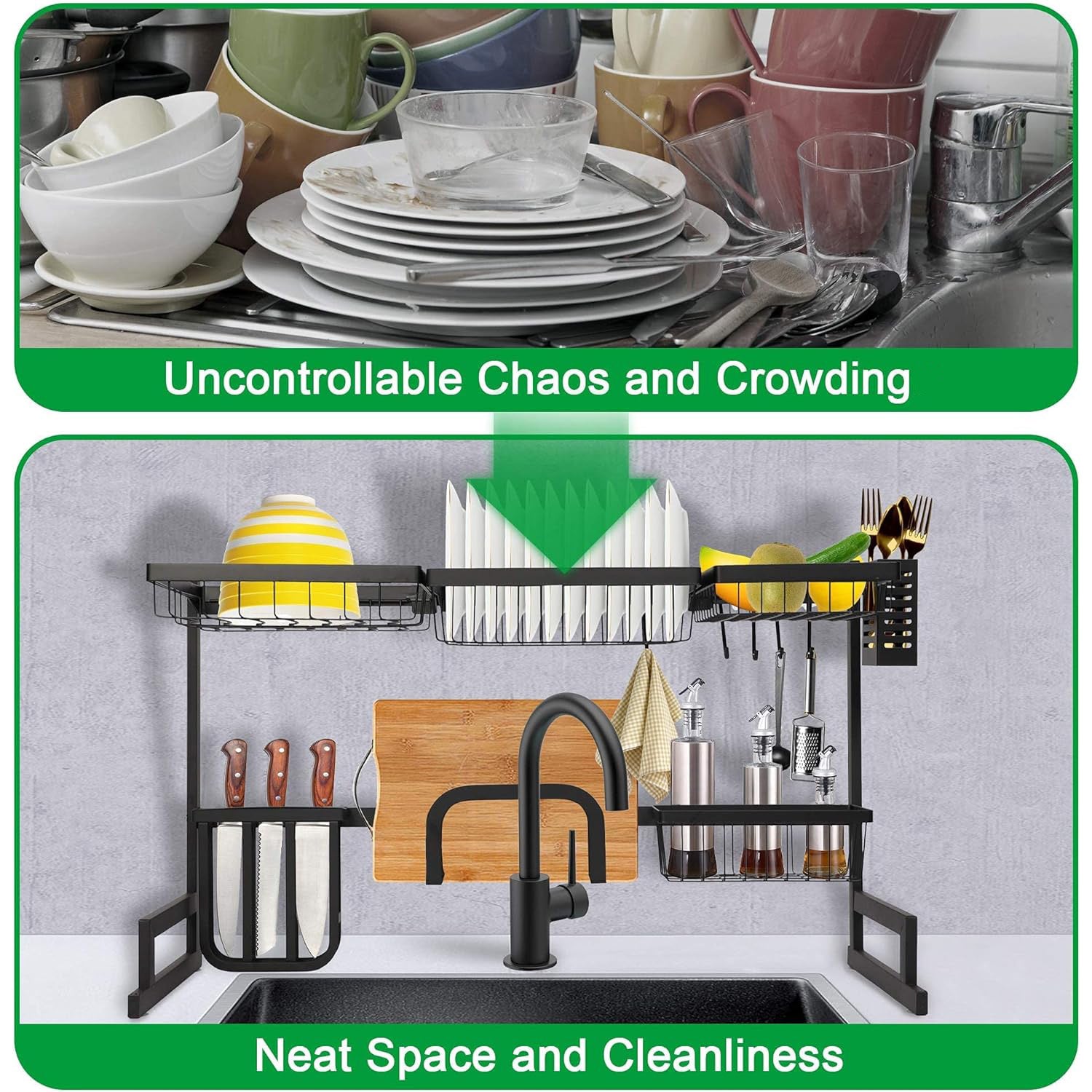 2 Tier Dish Rack, Above Sink Shelf, Weight Up to 88 pounds, W/Utensils Holder, Premium Stainless Steel, (Sink size<33.6in) Space Saver, for Bow, knife, Chopsticks, Space Organizer, Black - Luckyermore