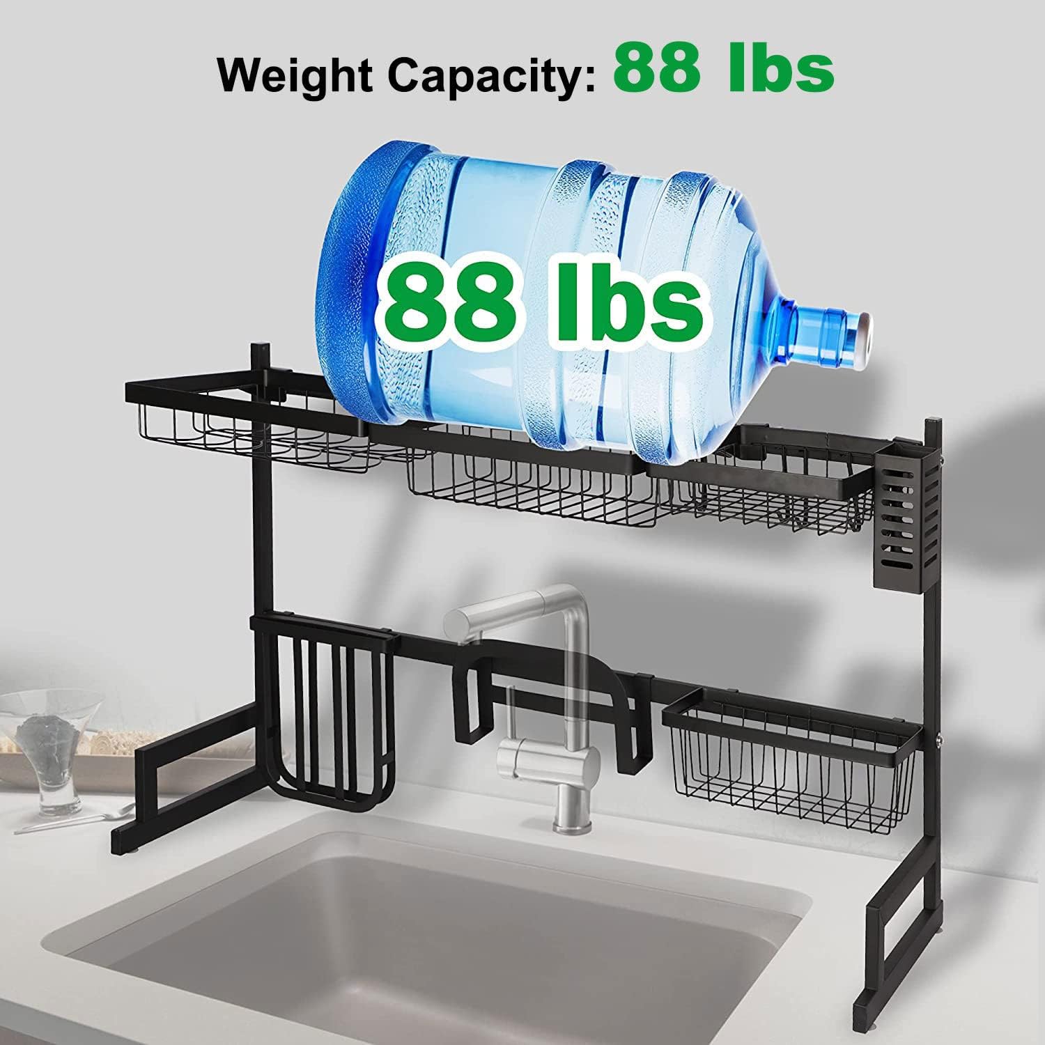 2 Tier Dish Rack, Above Sink Shelf, Weight Up to 88 pounds, W/Utensils Holder, Premium Stainless Steel, (Sink size<33.6in) Space Saver, for Bow, knife, Chopsticks, Space Organizer, Black - Luckyermore