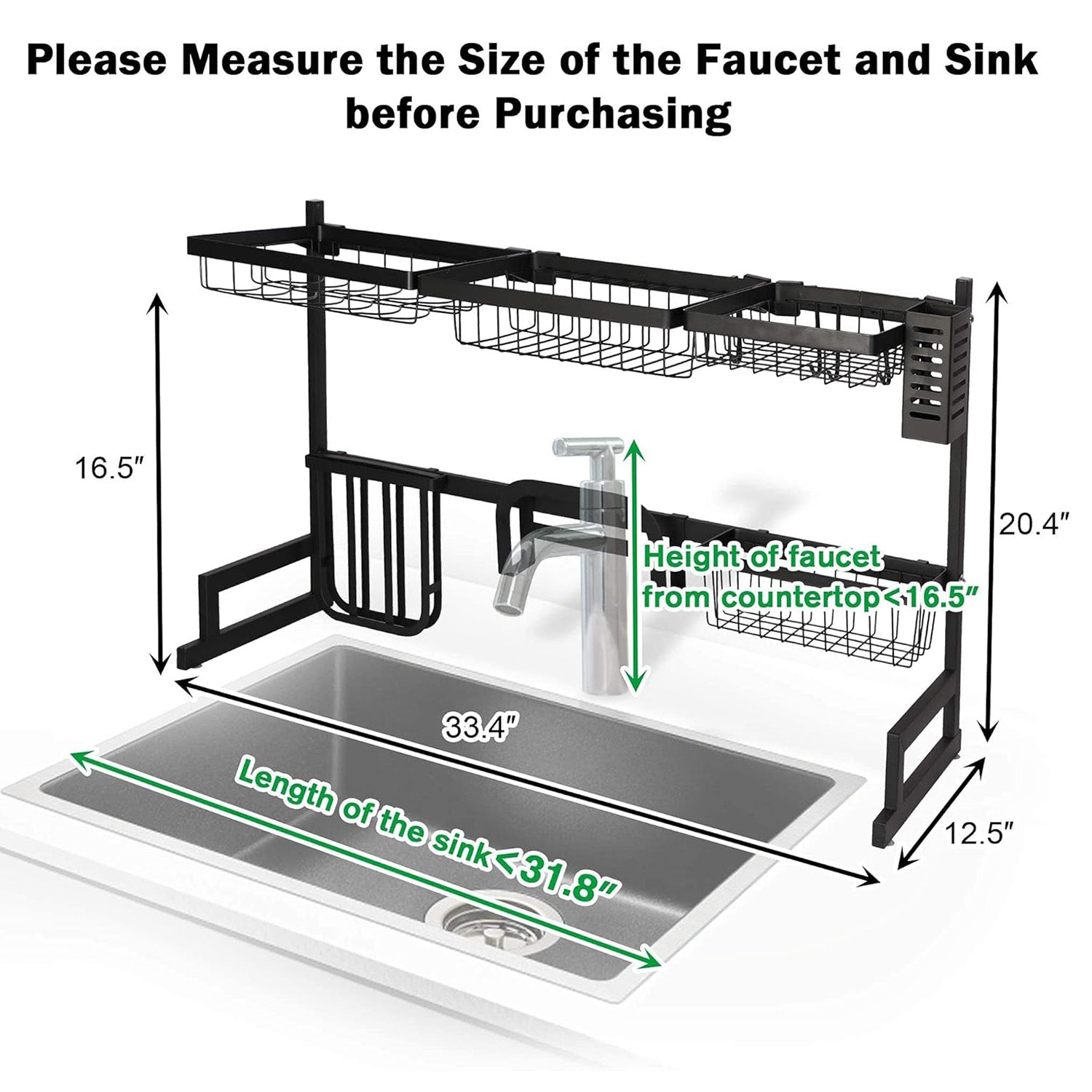 2 Tier Dish Rack, Above Sink Shelf, Weight Up to 88 pounds, W/Utensils Holder, Premium Stainless Steel, (Sink size<33.6in) Space Saver, for Bow, knife, Chopsticks, Space Organizer, Black - Luckyermore