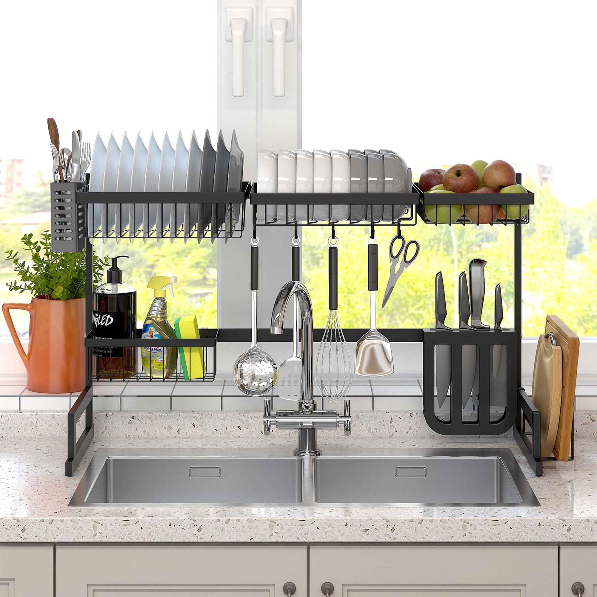 2 Tier Dish Rack, Above Sink Shelf, Weight Up to 88 pounds, W/Utensils Holder, Premium Stainless Steel, (Sink size<33.6in) Space Saver, for Bow, knife, Chopsticks, Space Organizer, Black - Luckyermore