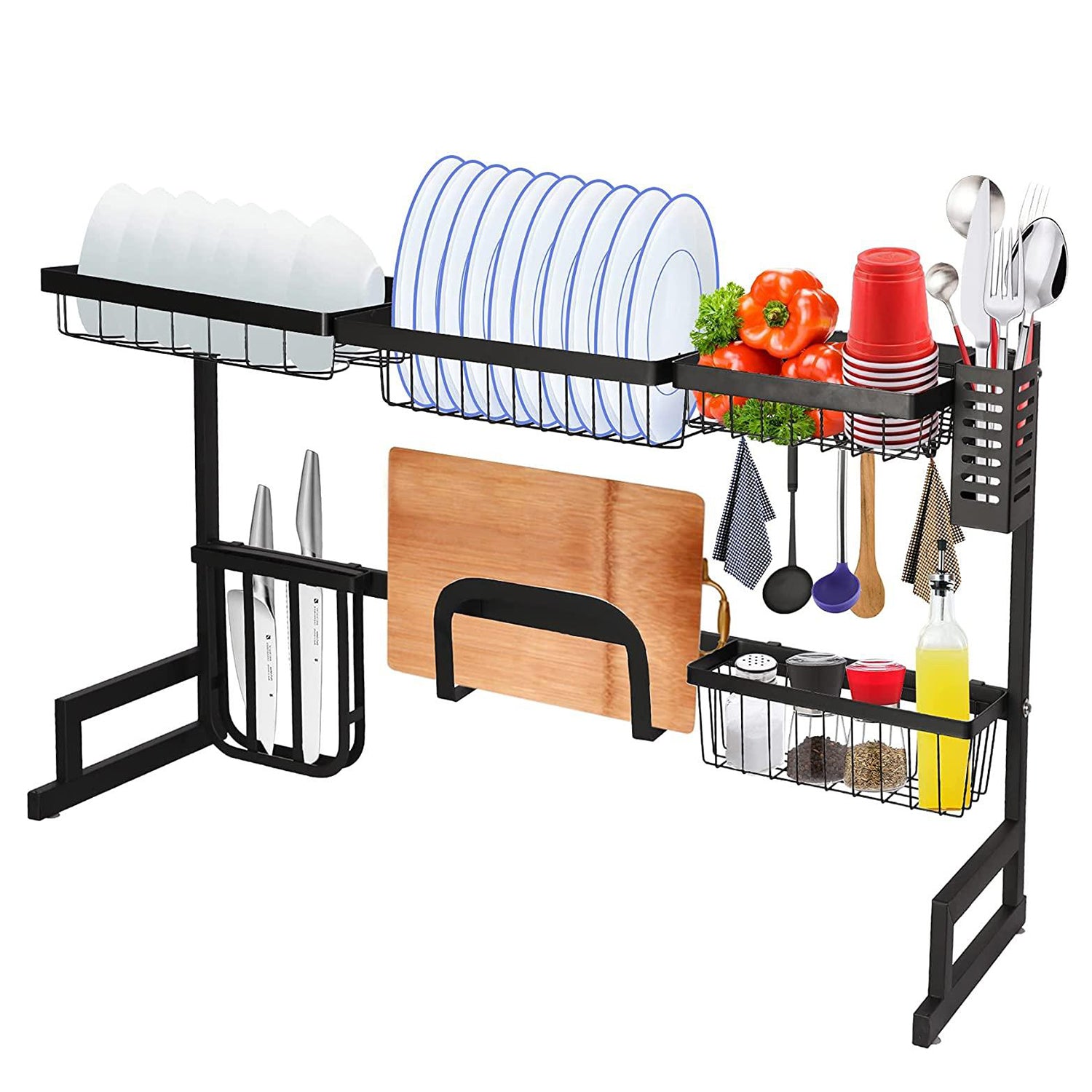 2 Tier Dish Rack, Above Sink Shelf, Weight Up to 88 pounds, W/Utensils Holder, Premium Stainless Steel, (Sink size<33.6in) Space Saver, for Bow, knife, Chopsticks, Space Organizer, Black - Luckyermore