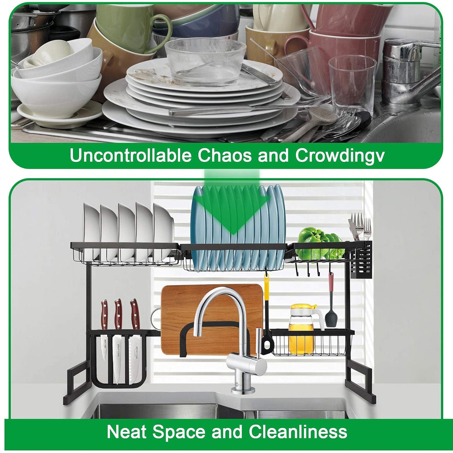 2 Tier Over Sink Dish Drying Rack 35"L with Multiple Baskets Utensil Holder Cup Holder - Luckyermore