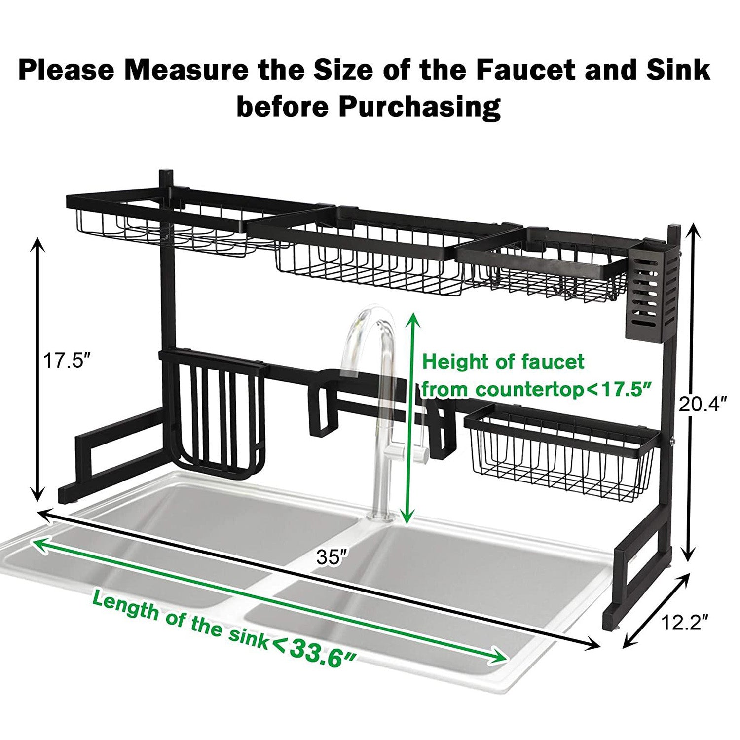 2 Tier Over Sink Dish Drying Rack 35"L with Multiple Baskets Utensil Holder Cup Holder - Luckyermore