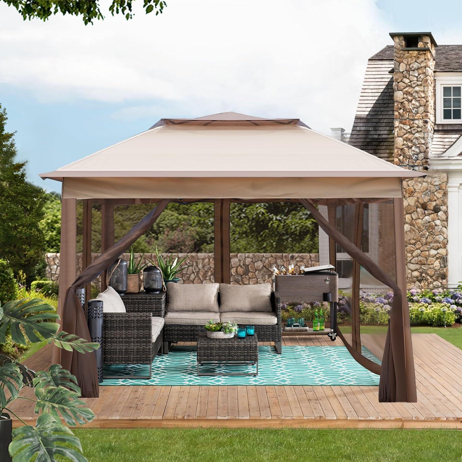Pop up Gazebo Canopy Tent with Mosquito Netting, 10.5'x10.5' Patio Outdoor Sun Shade, Brown - Luckyermore