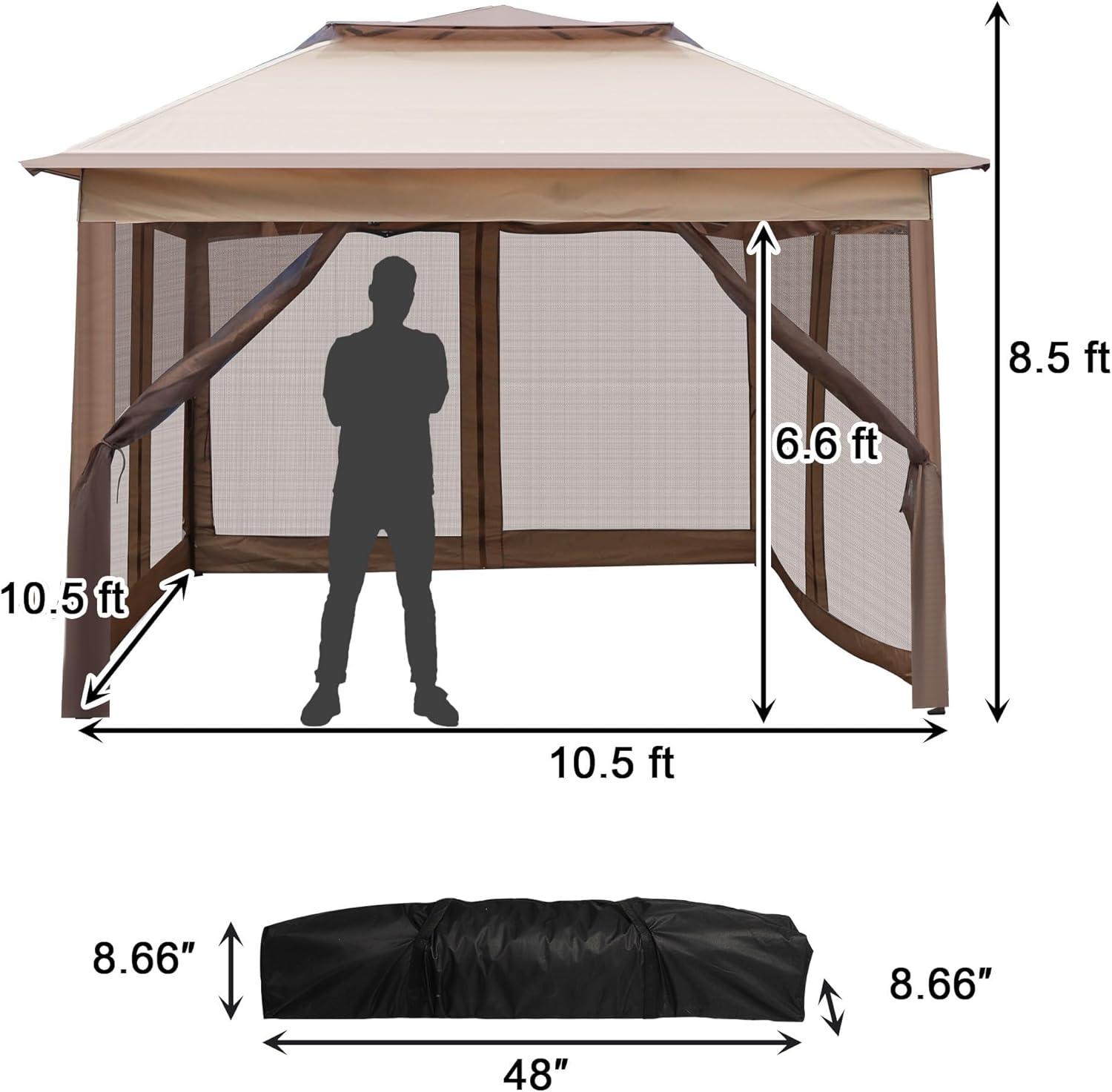 Pop up Gazebo Canopy Tent with Mosquito Netting, 10.5'x10.5' Patio Outdoor Sun Shade, Brown - Luckyermore