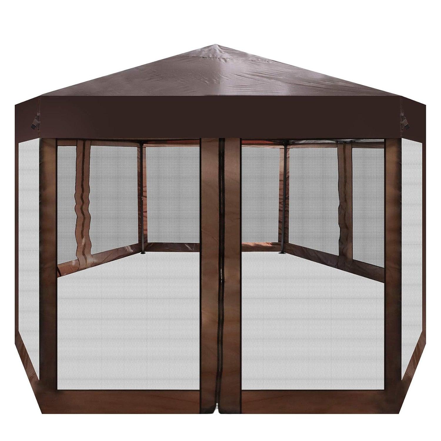 Outdoor Gazebo Patio Hexagonal Canopy Tent Sun Shade with Mosquito Netting and Carry Bag for Backyard Party (Brown) - Luckyermore