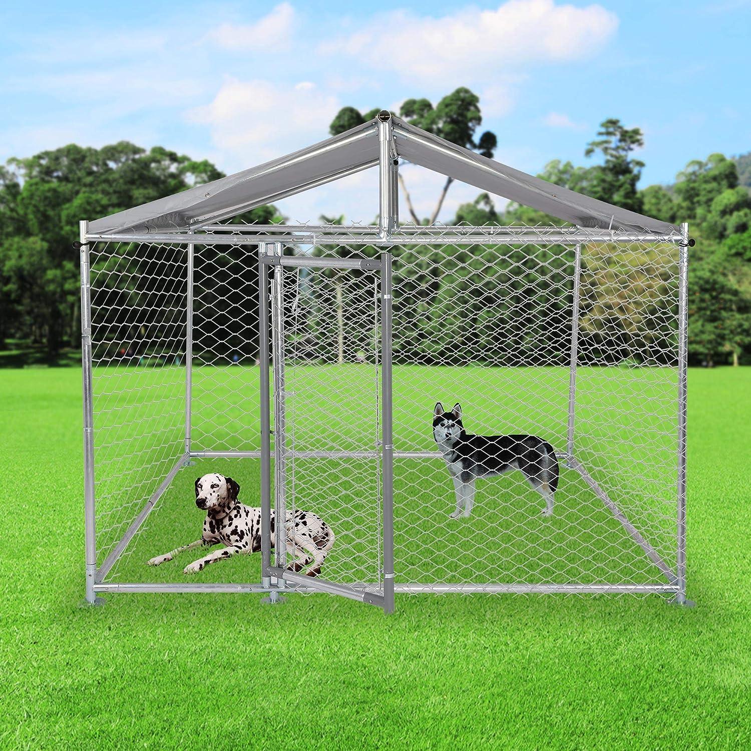 6.5'x6.5'x5' Outdoor Dog Kennel Galvanized Steel Pet Playpen with Waterproof Cover Secure Lock for Large Dog - Luckyermore