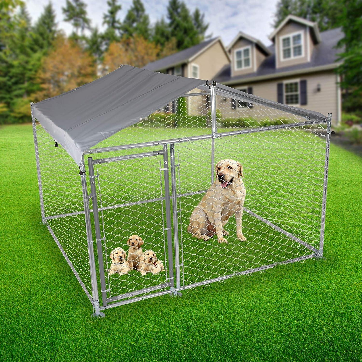 6.5'x6.5'x5' Outdoor Dog Kennel Galvanized Steel Pet Playpen with Waterproof Cover Secure Lock for Large Dog - Luckyermore