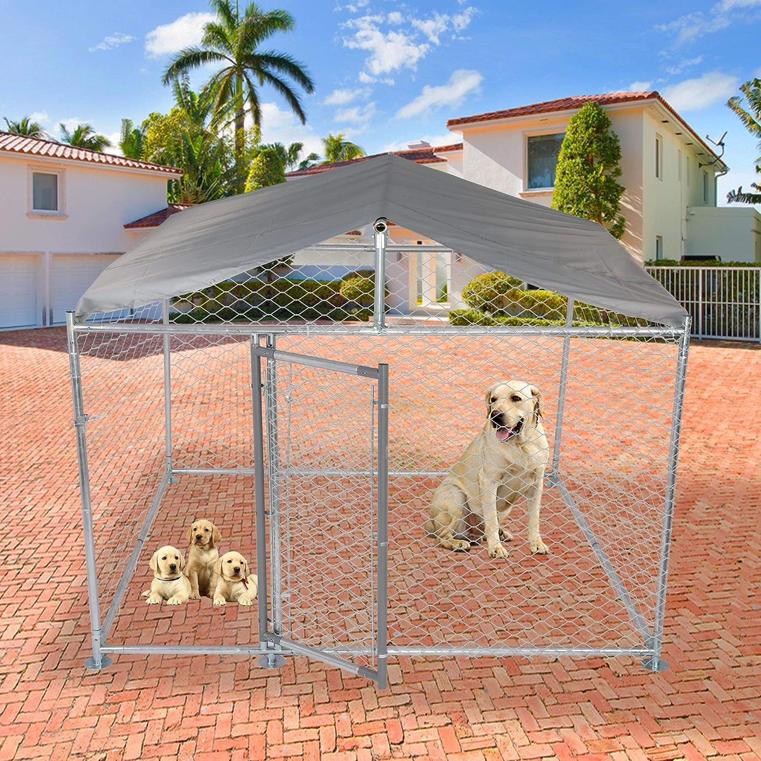 6.5'x6.5'x5' Outdoor Dog Kennel Galvanized Steel Pet Playpen with Waterproof Cover Secure Lock for Large Dog