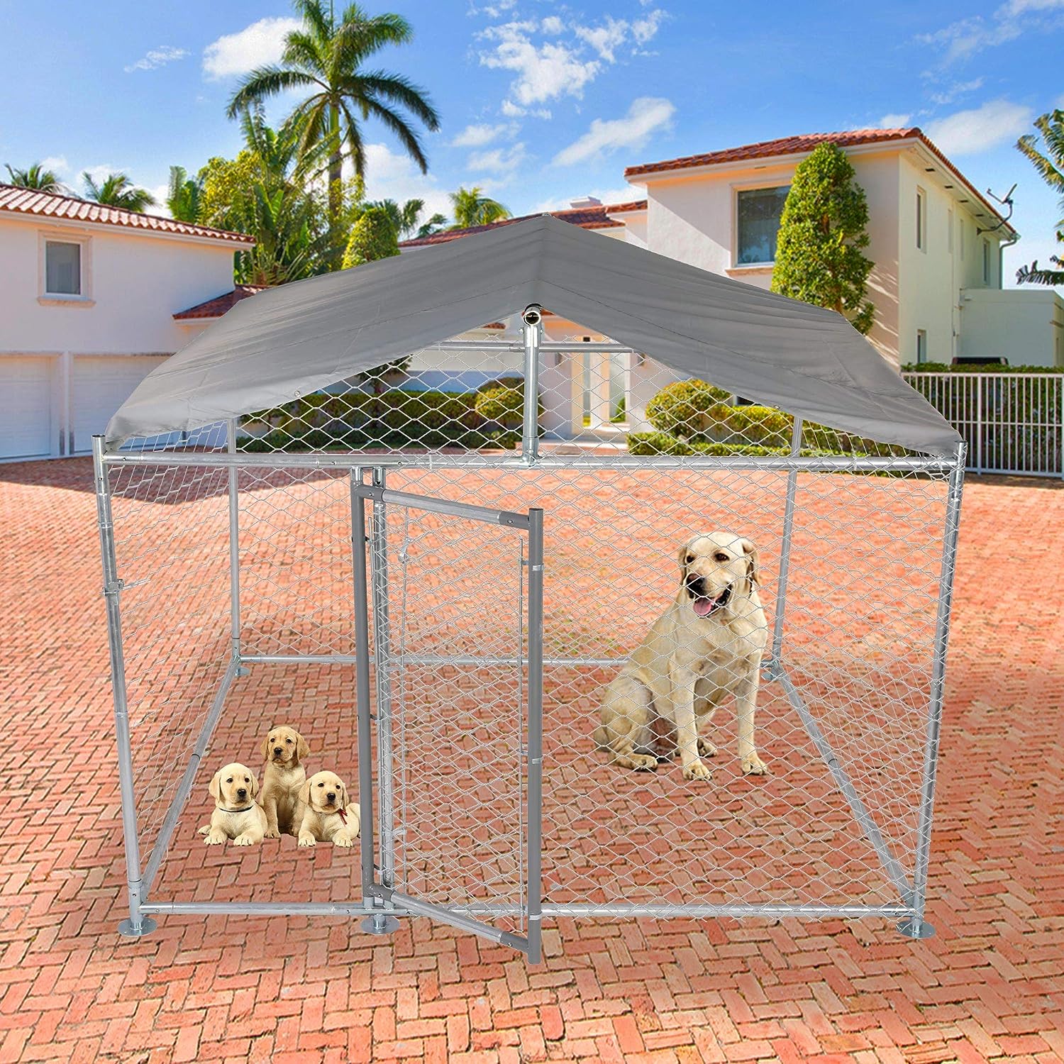 6.5'x6.5'x5' Outdoor Dog Kennel Galvanized Steel Pet Playpen with Waterproof Cover Secure Lock for Large Dog - Luckyermore