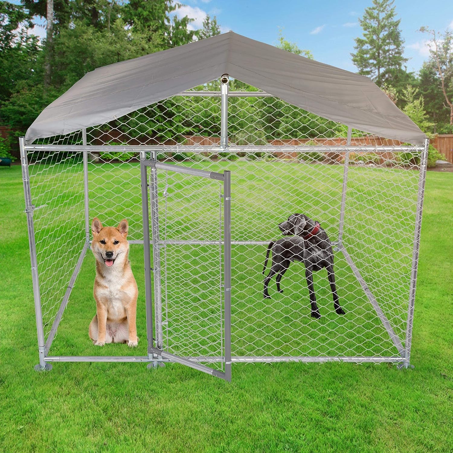 6.5'x6.5'x5' Outdoor Dog Kennel Galvanized Steel Pet Playpen with Waterproof Cover Secure Lock for Large Dog - Luckyermore