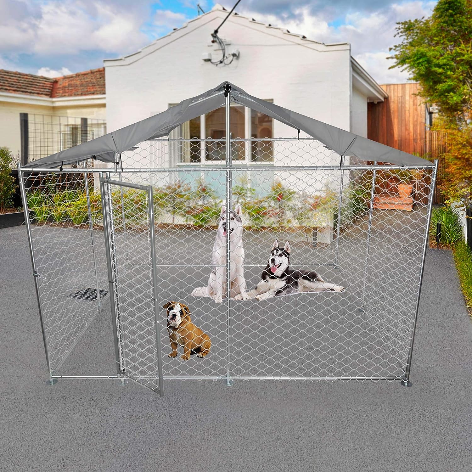 9.8'x9.8'x7.5' Large Outdoor Dog Kennel Galvanized Steel Pet Playpen with Waterproof Cover Secure Lock