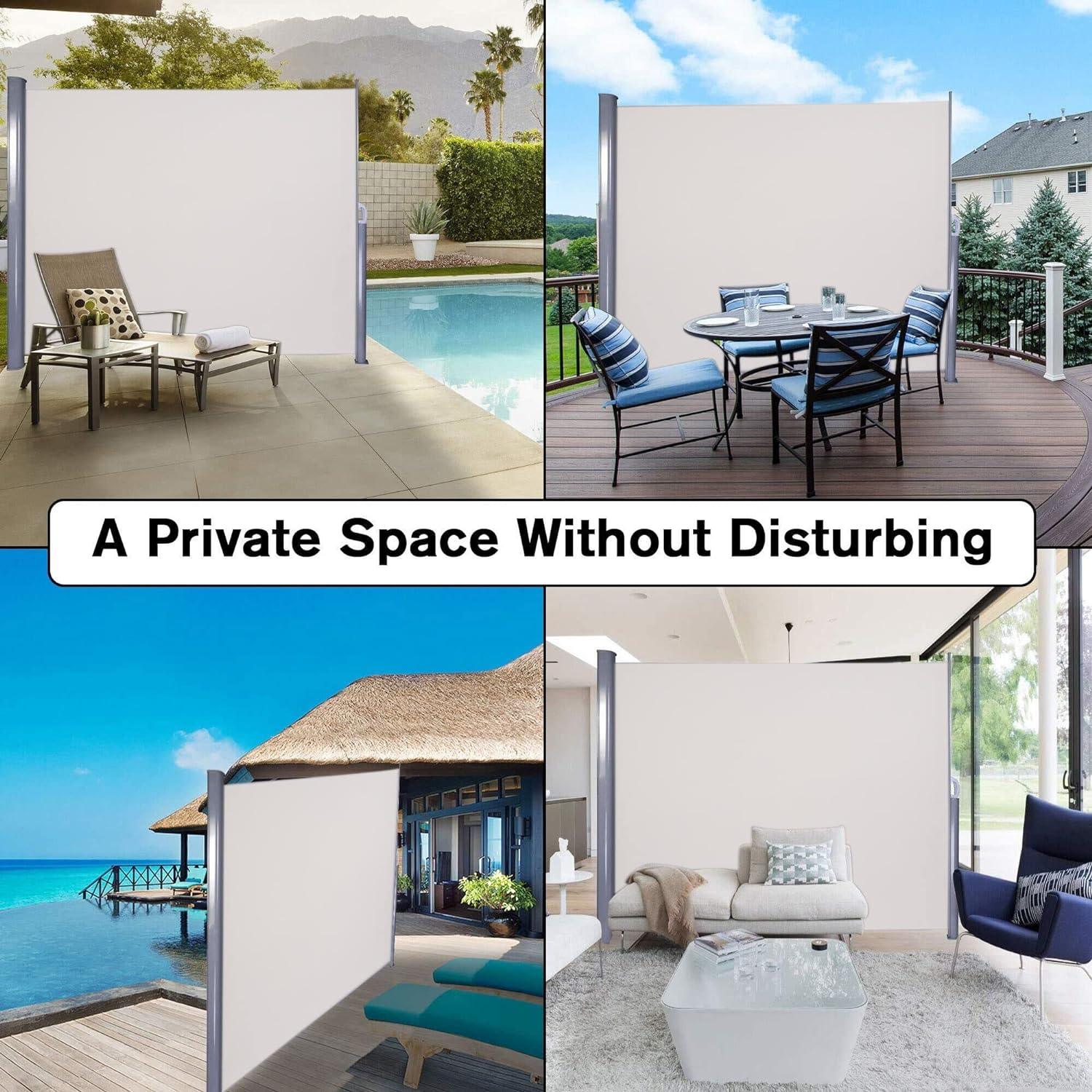 118"L x 63"H Retractable Side Awning Aluminum Patio Outdoor Folding Privacy Divider, Beige - Luckyermore