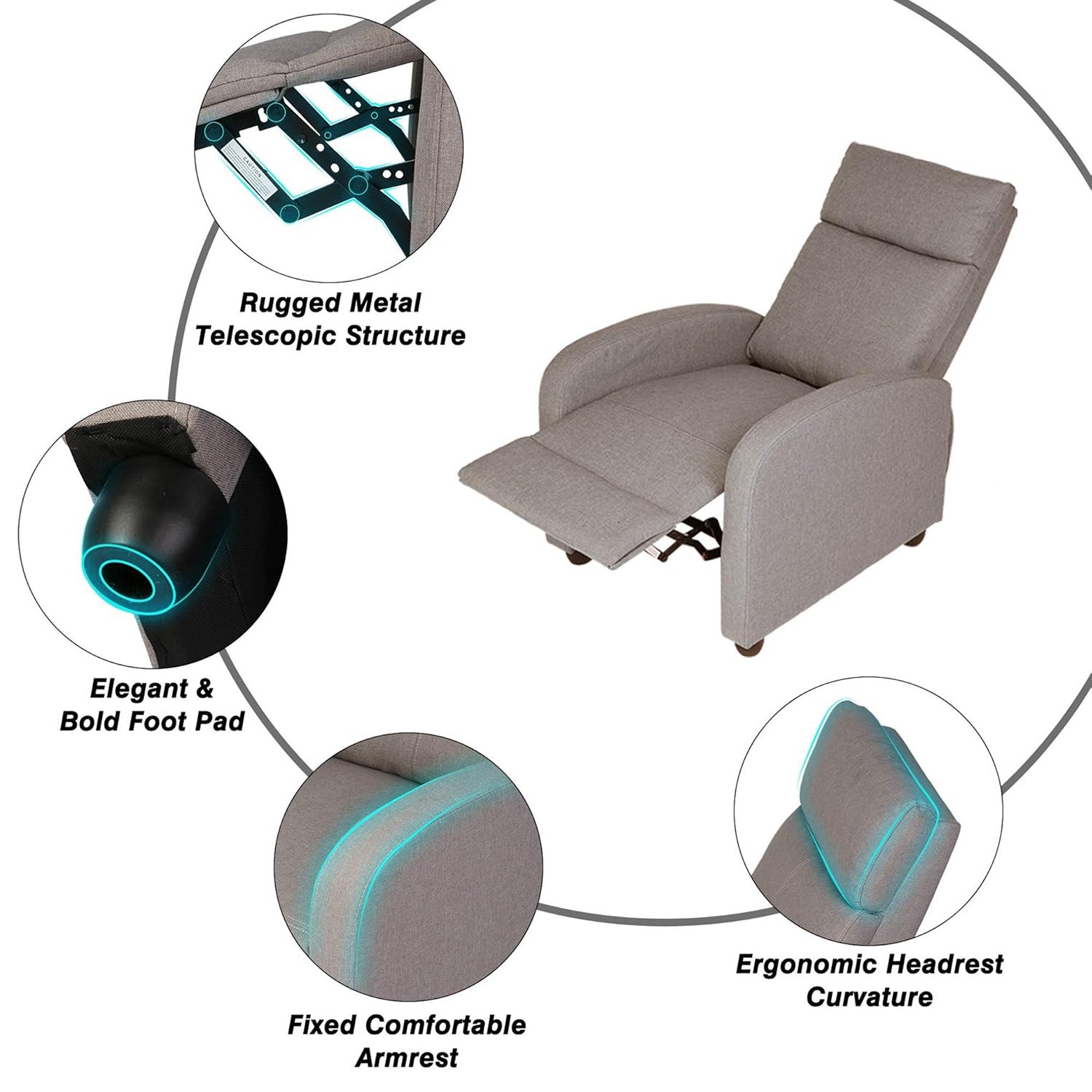 Adjustable Fabric Recliner Chair Ergonomic Recliner Sofa Padded Seat w/Thick Cushion & Backrest - Luckyermore