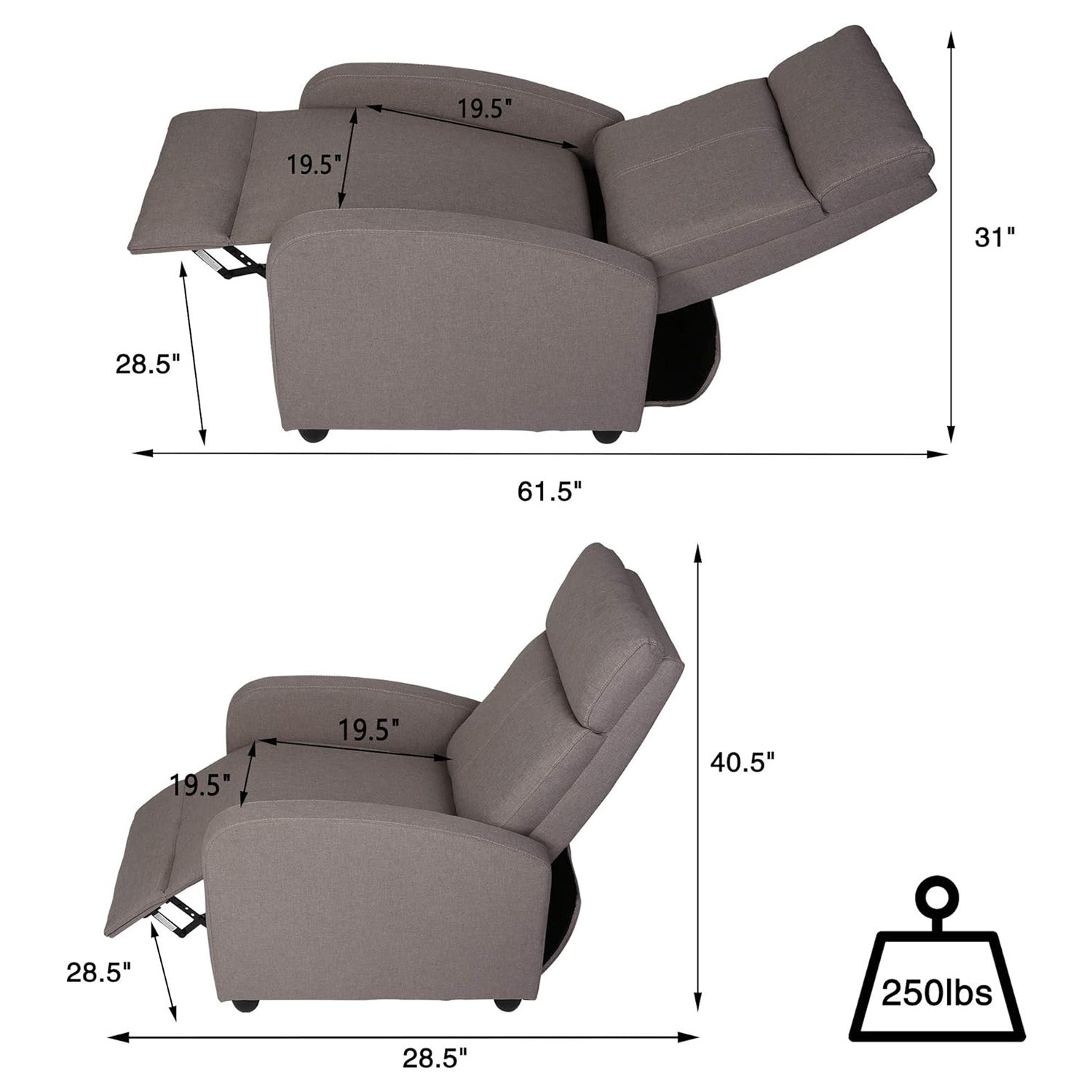 Adjustable Fabric Recliner Chair Ergonomic Recliner Sofa Padded Seat w/Thick Cushion & Backrest - Luckyermore
