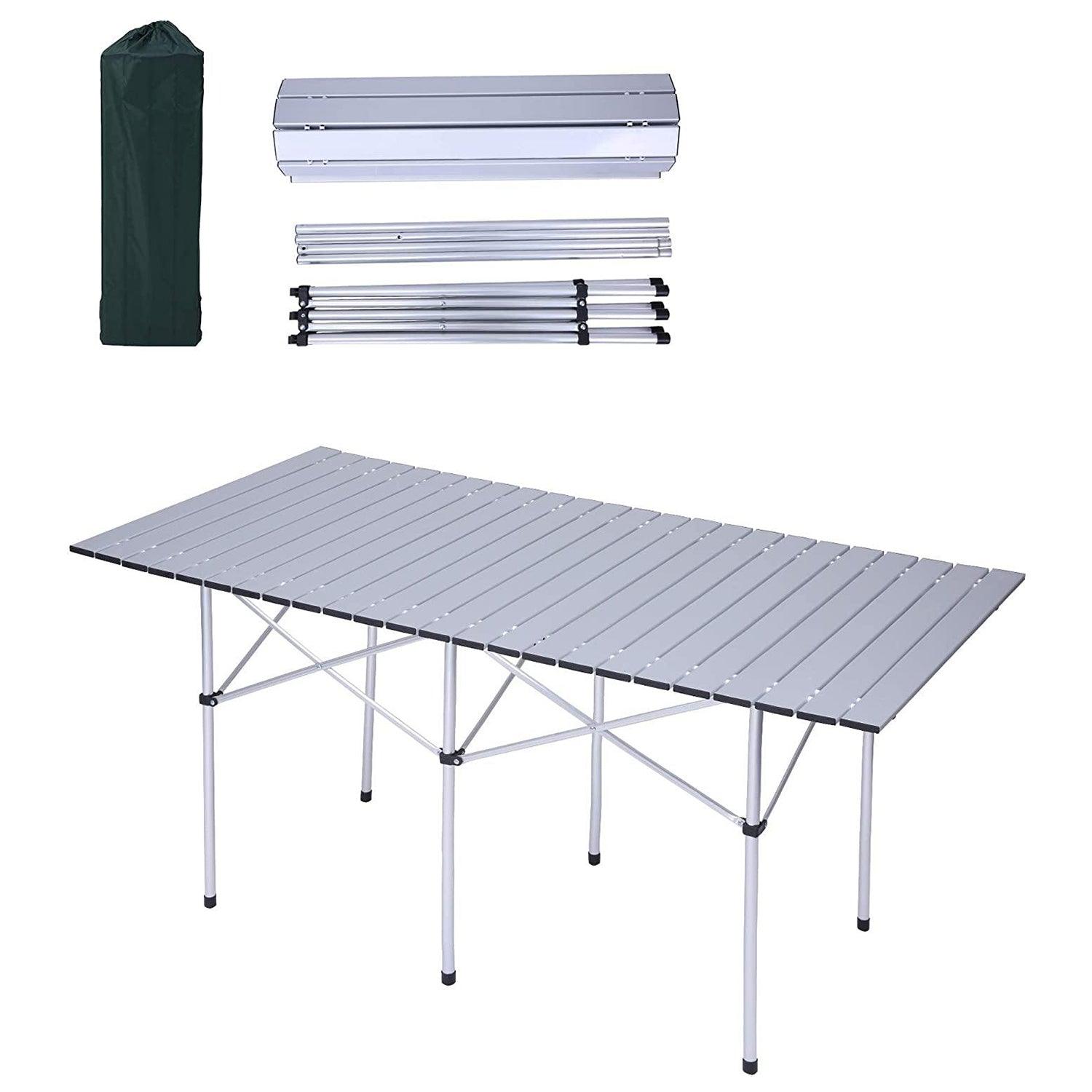 LUCKYERMORE Outdoor Portable Camping Table for 4-6 Roll Top Aluminum Table Lightweight Folding Table, 55.1"x27.6"x27.6"