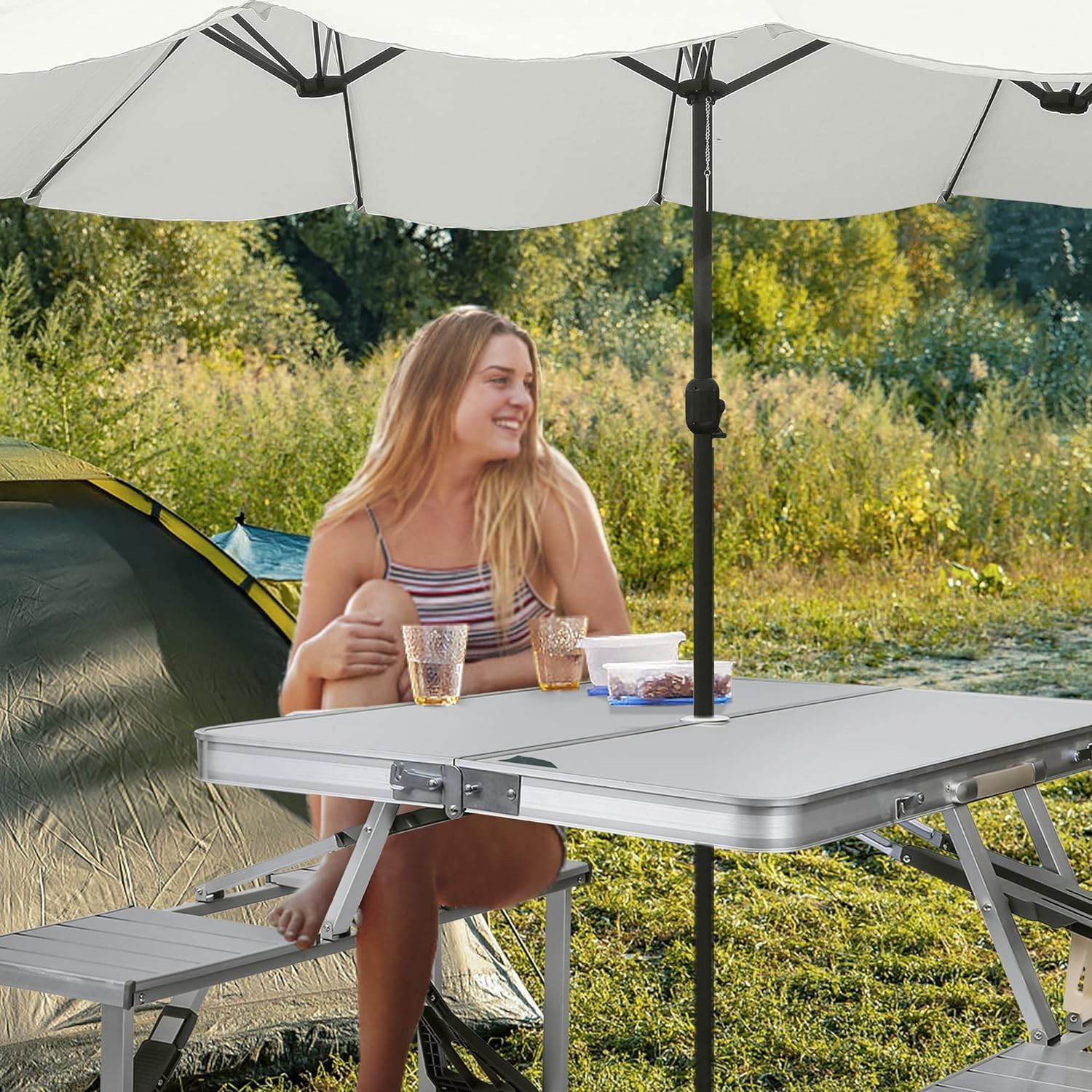 Portable Folding Camping Picnic Table Chair Set for 4 with Seats Chairs and Umbrella Hole