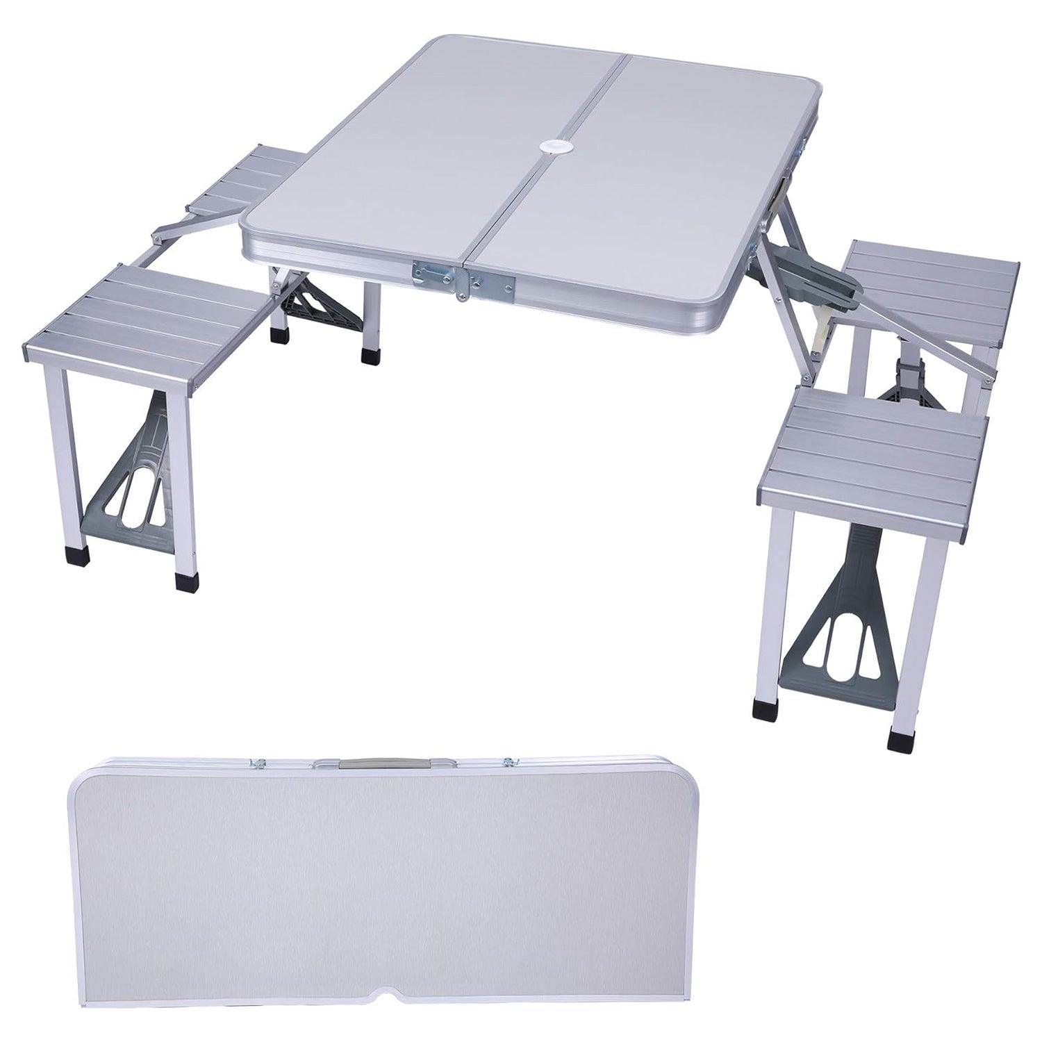 LUCKYERMORE Portable Folding Camping Picnic Table Chair Set for 4 with Seats Chairs and Umbrella Hole