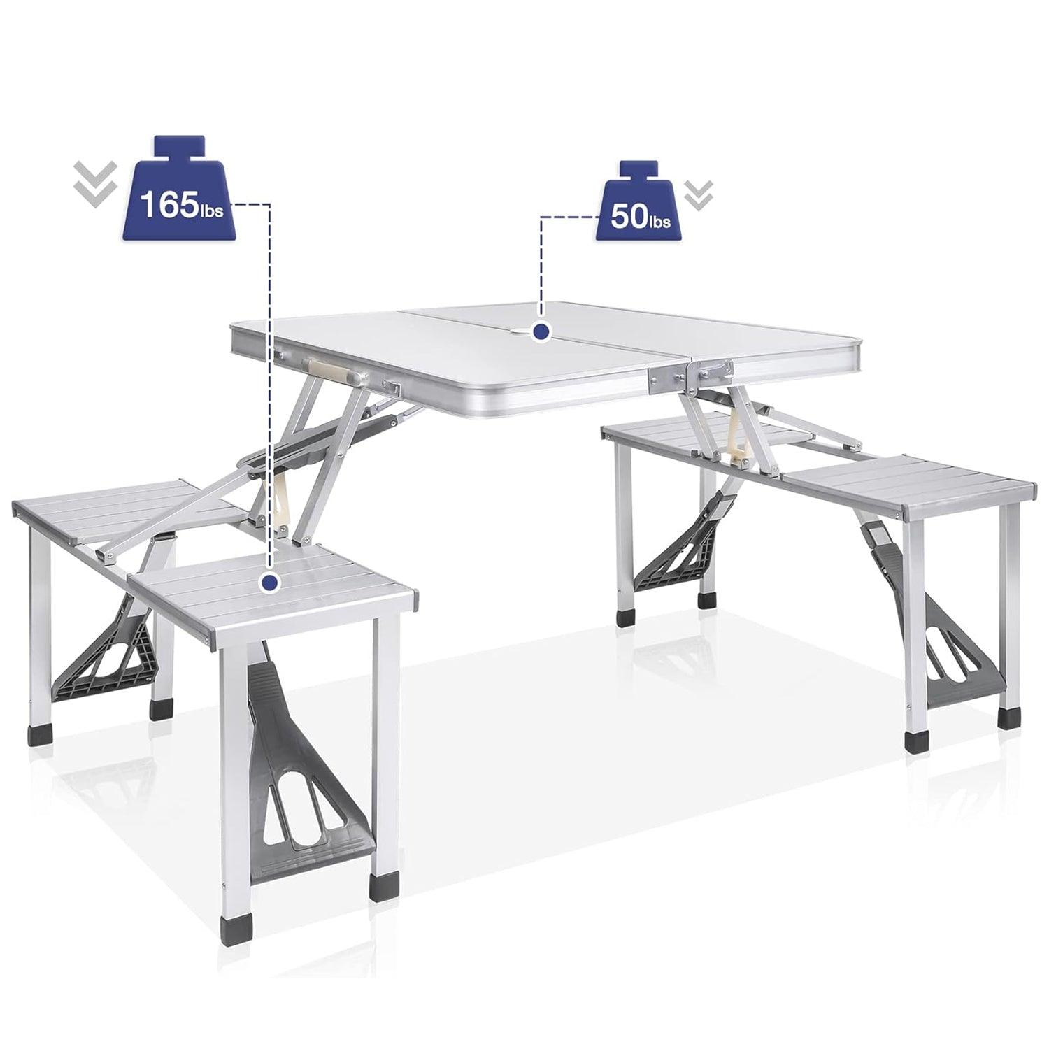 LUCKYERMORE Portable Folding Camping Picnic Table Chair Set for 4 with Seats Chairs and Umbrella Hole