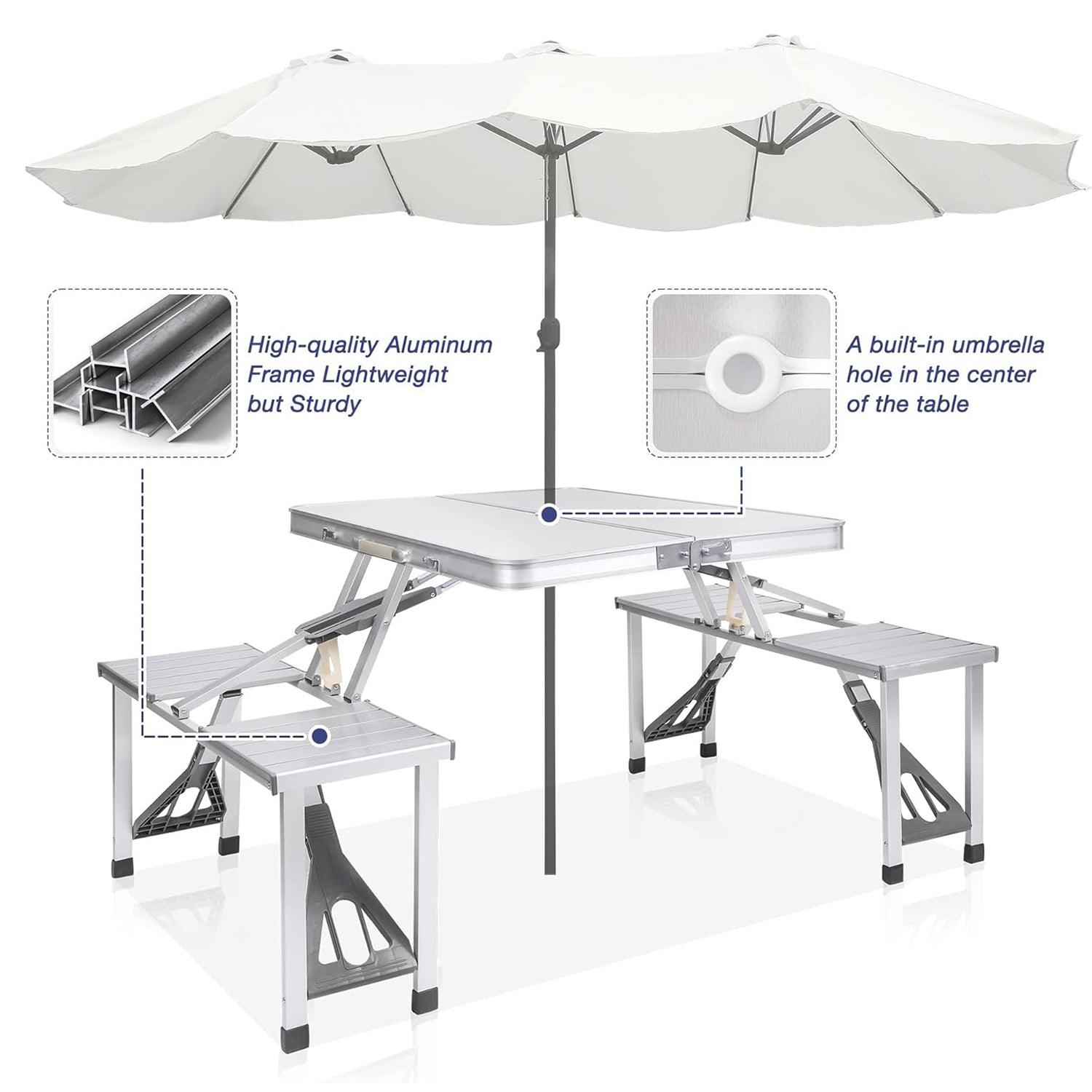 LUCKYERMORE Portable Folding Camping Picnic Table Chair Set for 4 with Seats Chairs and Umbrella Hole