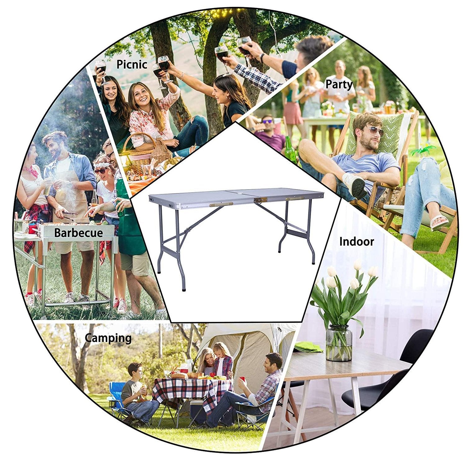 LUCKYERMORE Portable Folding Camping Table 5 Ft Lightweight Table Suitcase Picnic Table with Umbrella Hole