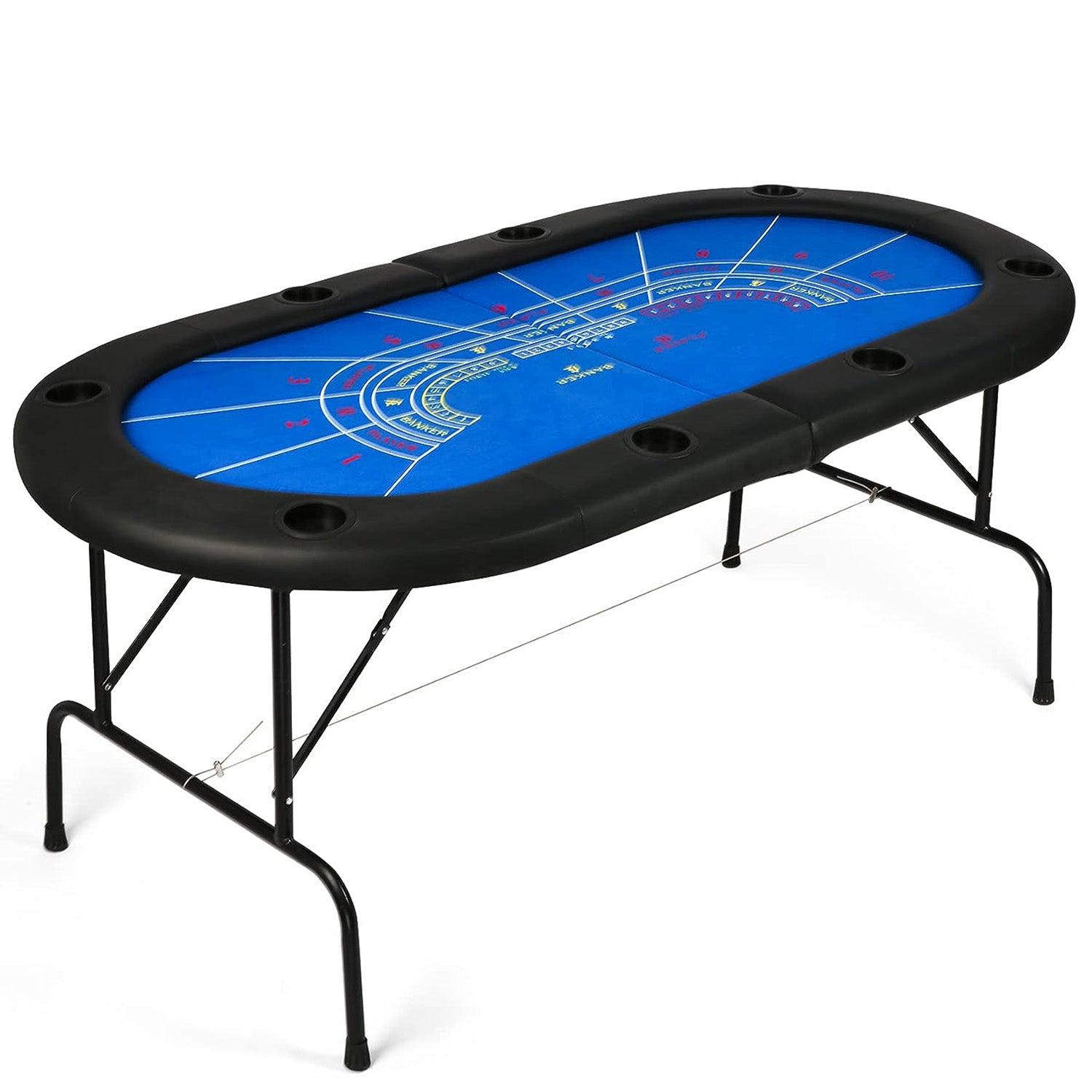 LUCKYERMORE 70.8" Folding Poker Table 8 Player with 8 Cup Holder for Texas Casino Leisure Game, Blue