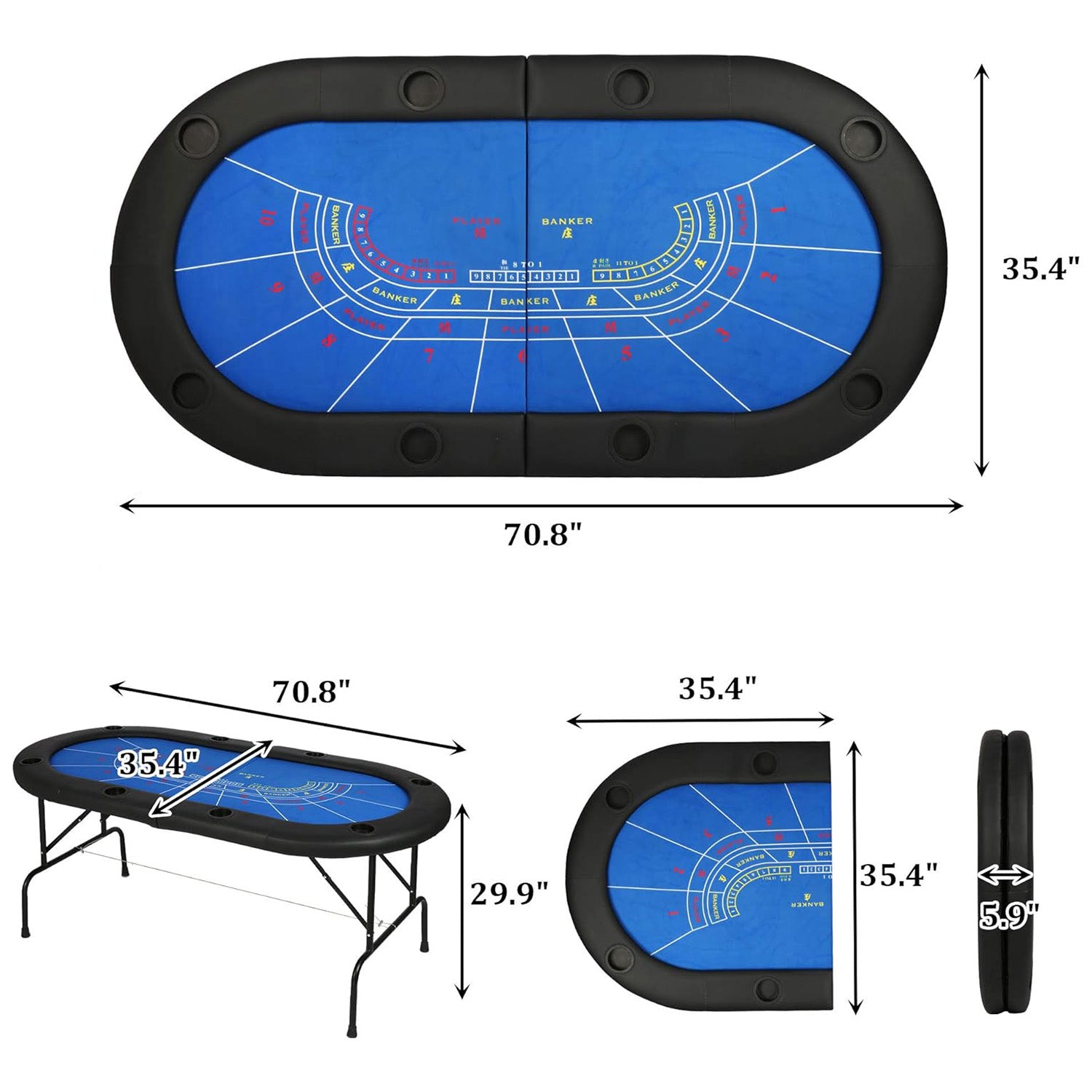 70.8" Folding Poker Table 6-8 Player with 8 Cup Holder for Texas Casino Leisure Game, Blue - Luckyermore