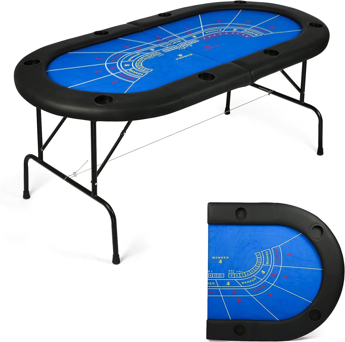 LUCKYERMORE 70.8" Folding Poker Table 8 Player with 8 Cup Holder for Texas Casino Leisure Game, Blue