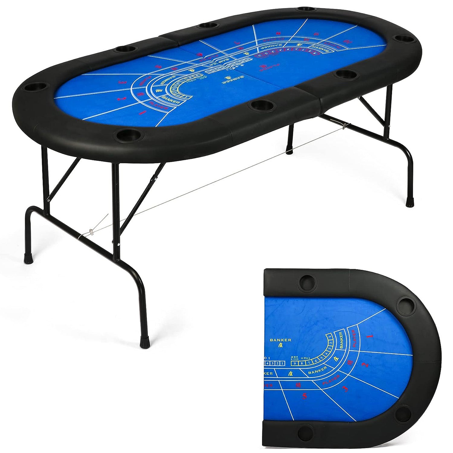 70.8" Folding Poker Table 6-8 Player with 8 Cup Holder for Texas Casino Leisure Game, Blue - Luckyermore