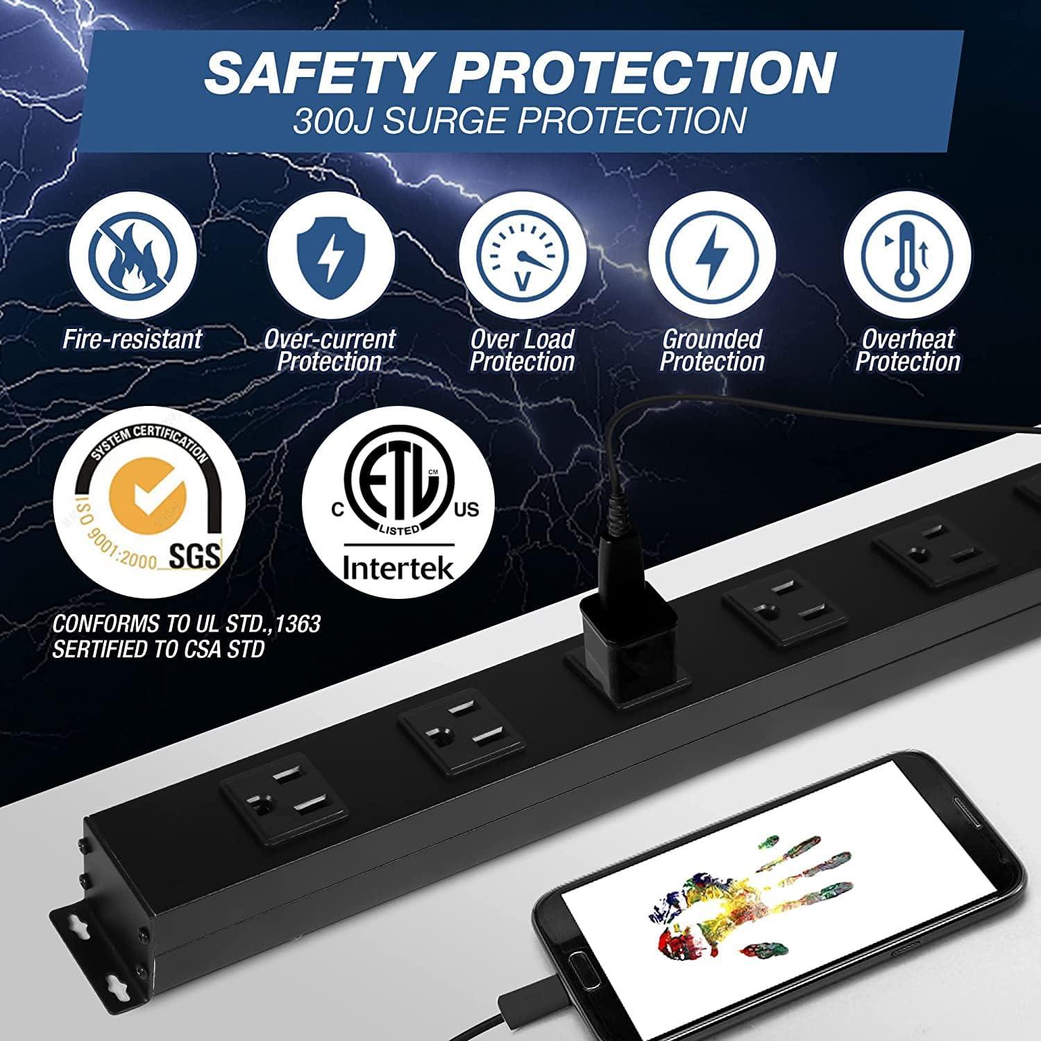 12 Outlets Power Strip with Surge Protector 6 ft Extension Cord Wall Mount, Black - Luckyermore